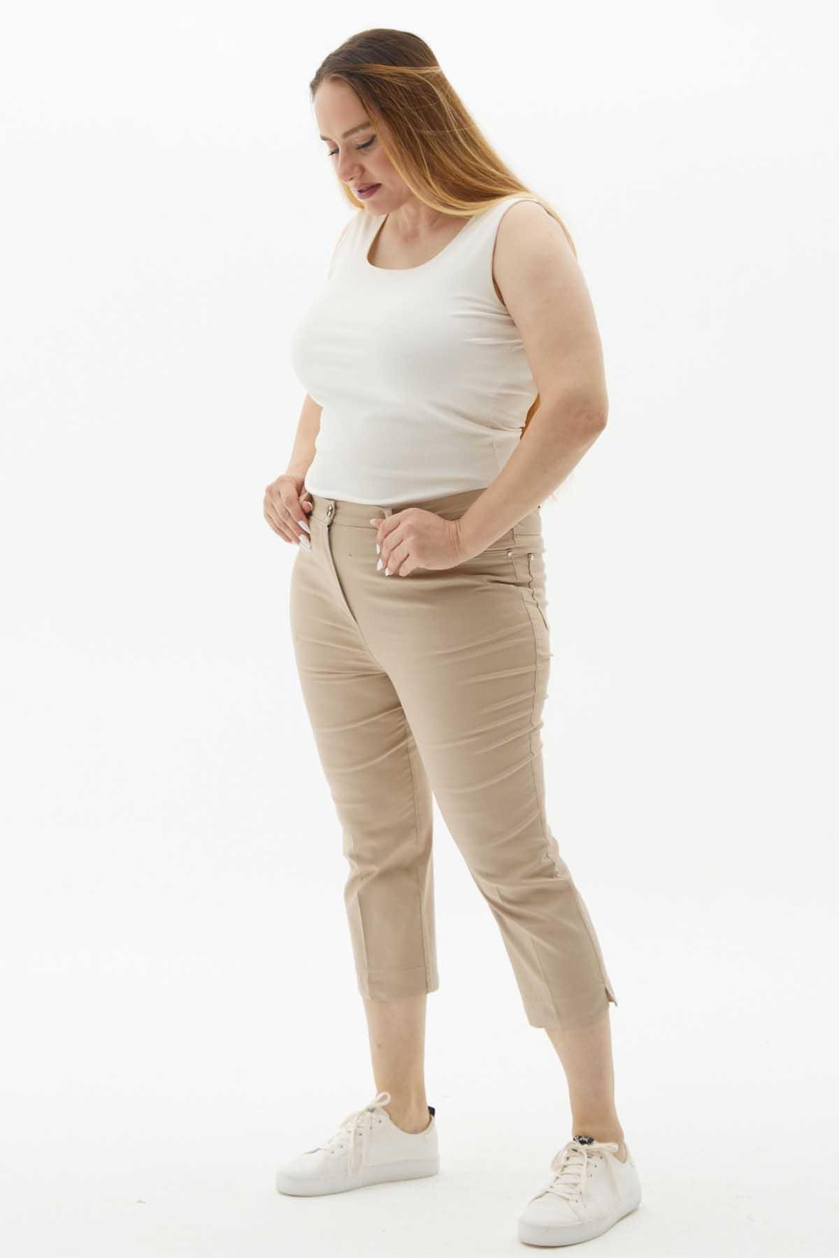 Büyük Beden Beli Lastikli Kapri Pantolon  /  BEJ