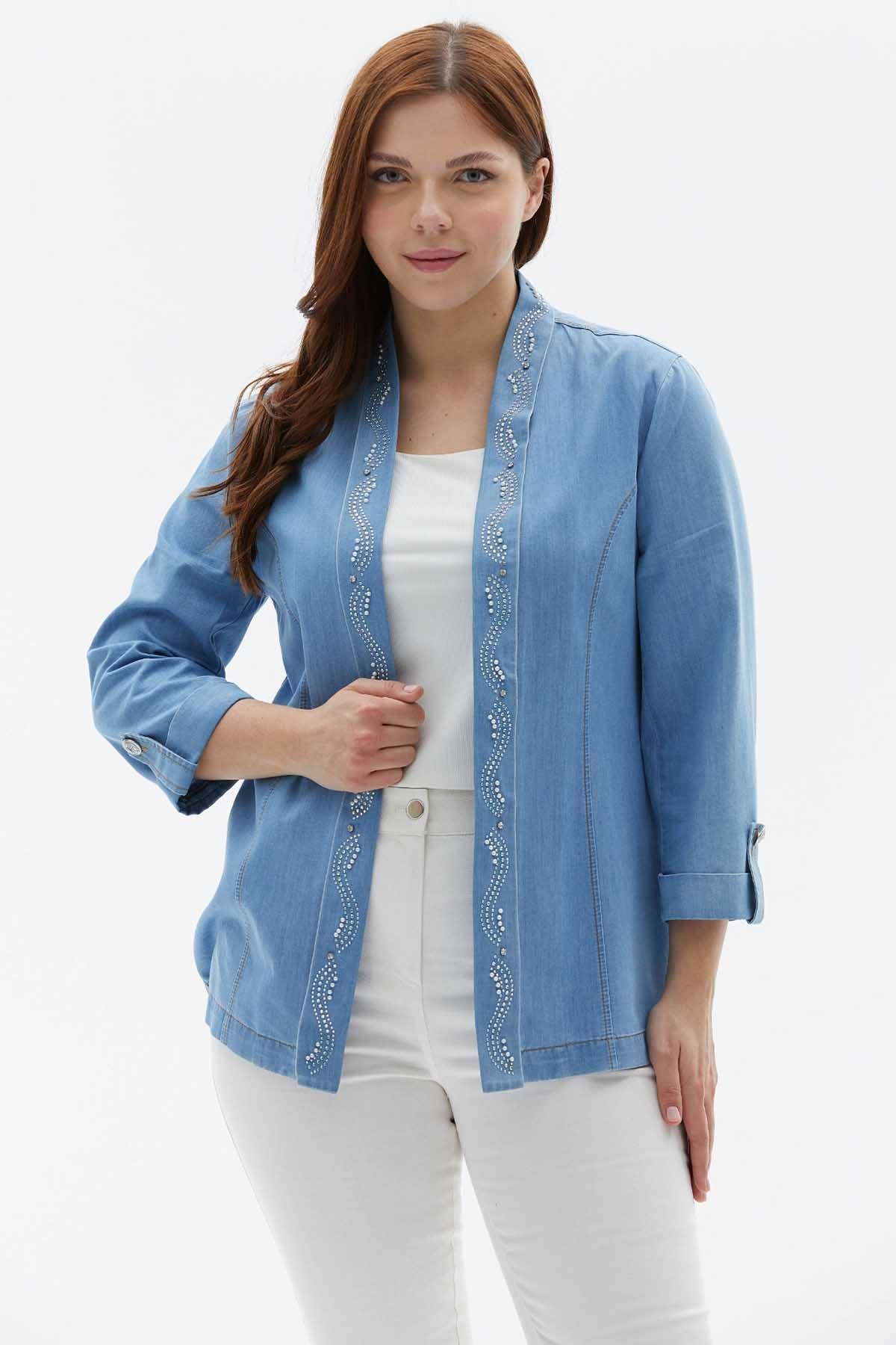 Büyük Beden Önü Açık Yakası Kıvırmalı Taşlı Bluz  /  MAVİ