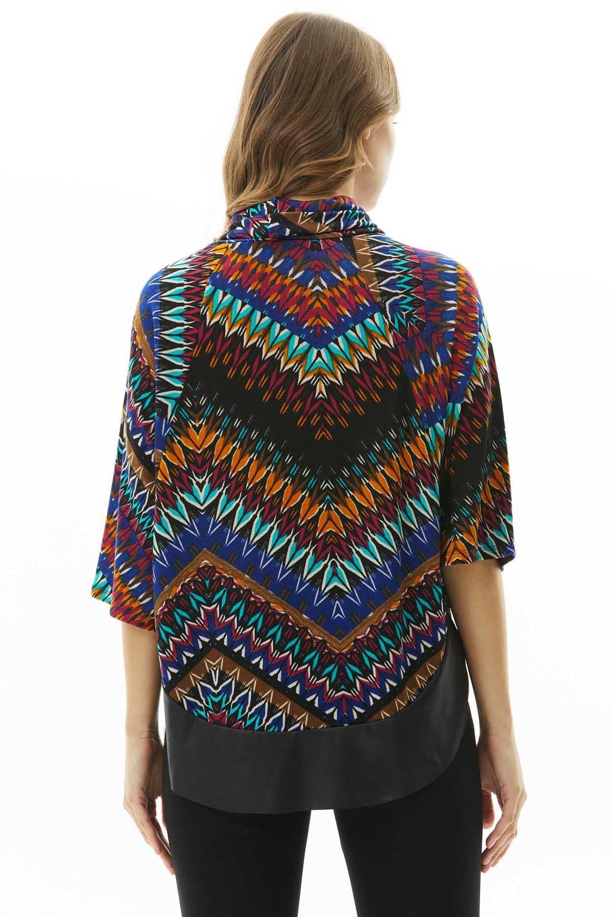 Raglan Kol Etek Ucu Deri Kombinli Desenli Triko Bluz  /  SAKS