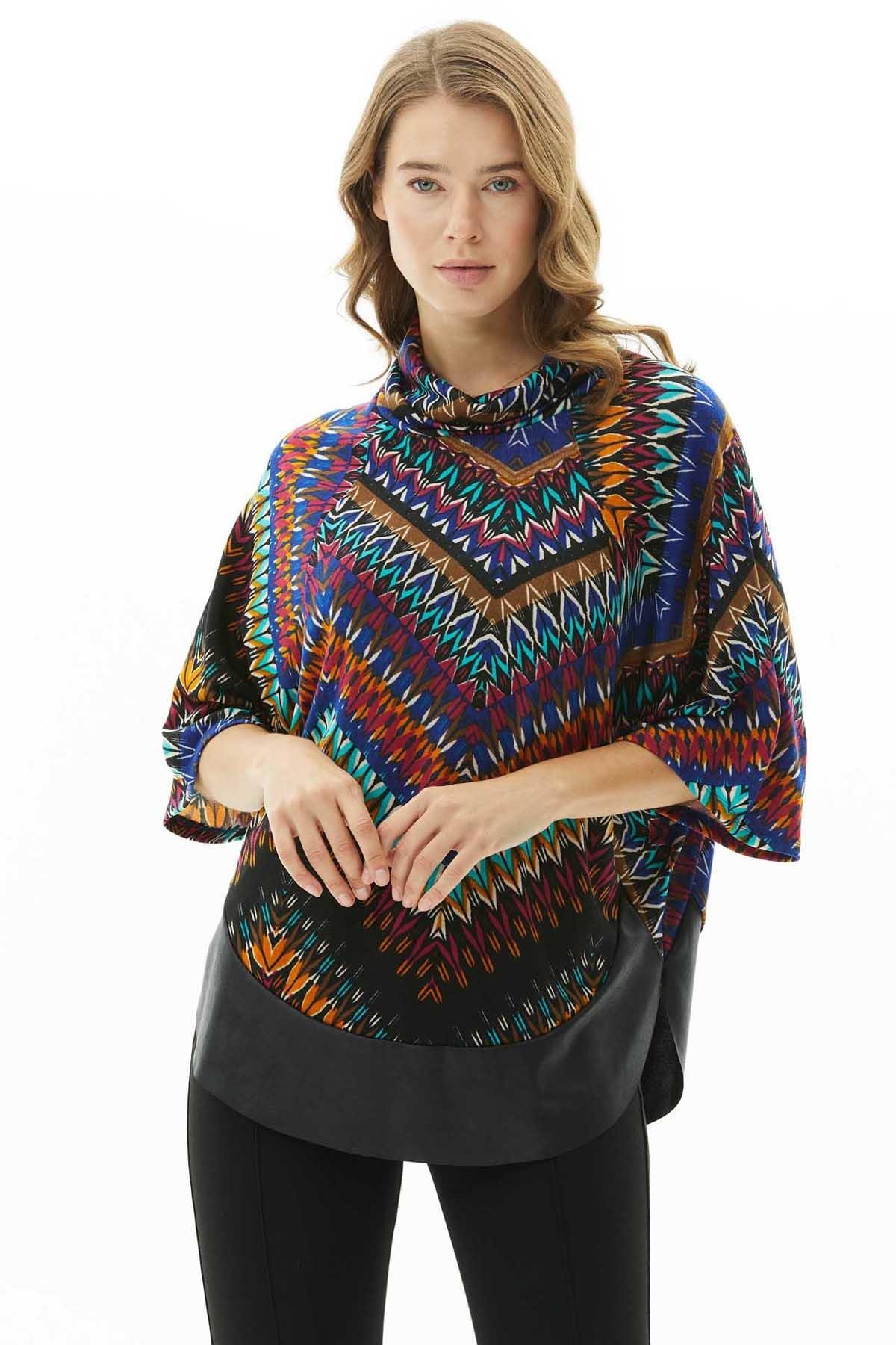 Raglan Kol Etek Ucu Deri Kombinli Desenli Triko Bluz  /  SAKS