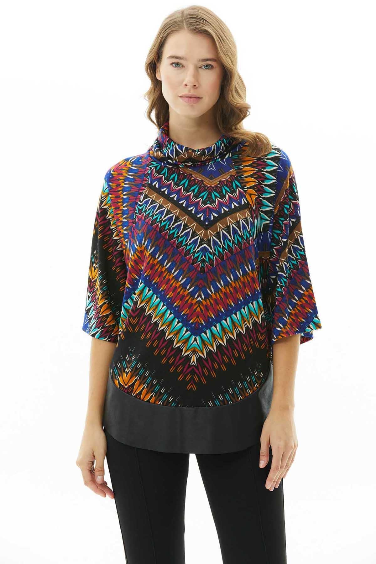 Raglan Kol Etek Ucu Deri Kombinli Desenli Triko Bluz  /  SAKS