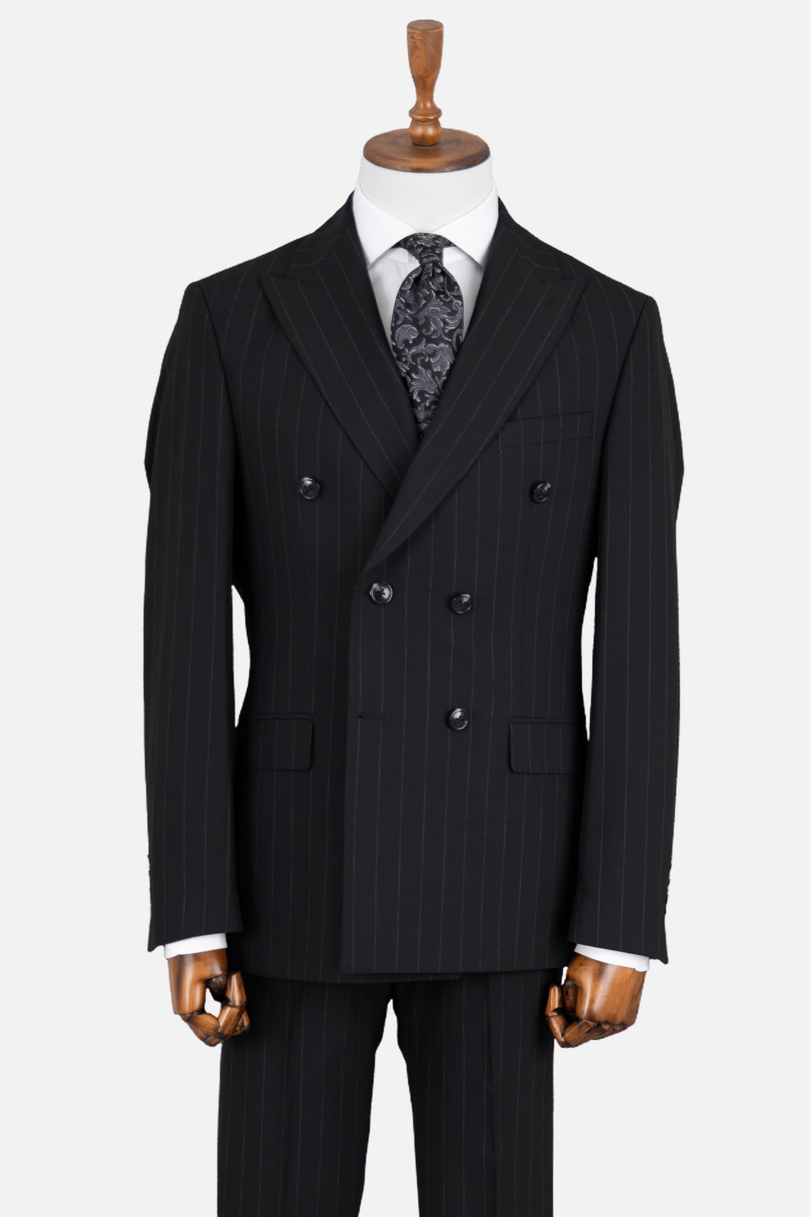 Erkek Çizgili Kırlangıç Yaka Kruvaze Takım Elbise Modern Fit Siyah