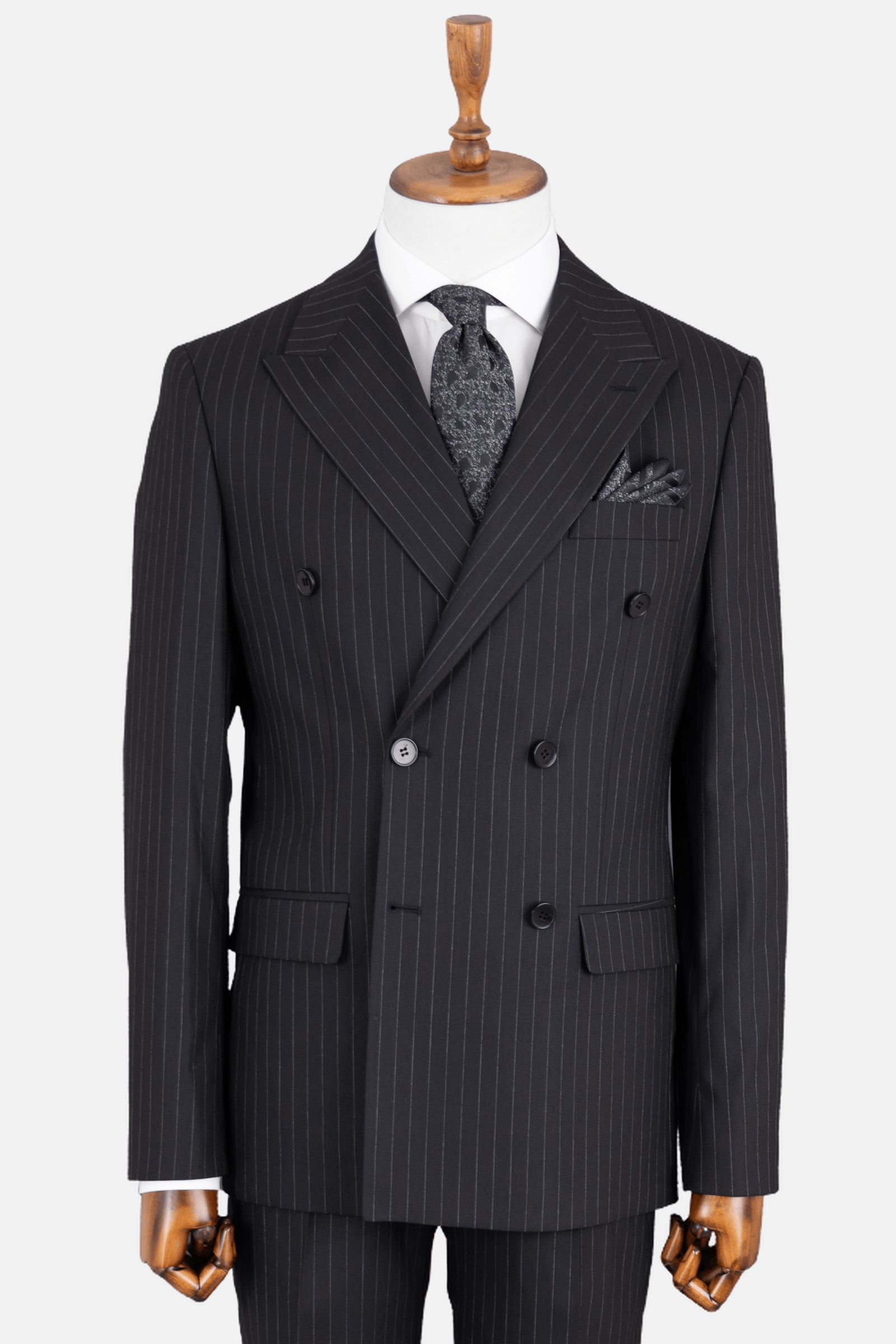 Erkek Çizgili Kırlangıç Yaka Kruvaze Takım Elbise Modern Fit Siyah