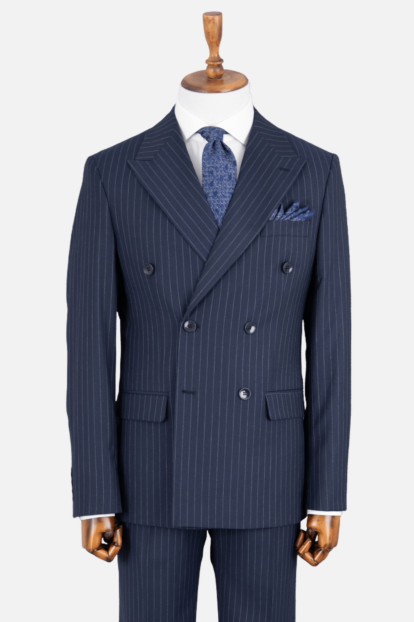 Erkek Çizgili Kırlangıç Yaka Kruvaze Takım Elbise Modern Fit Lacivert
