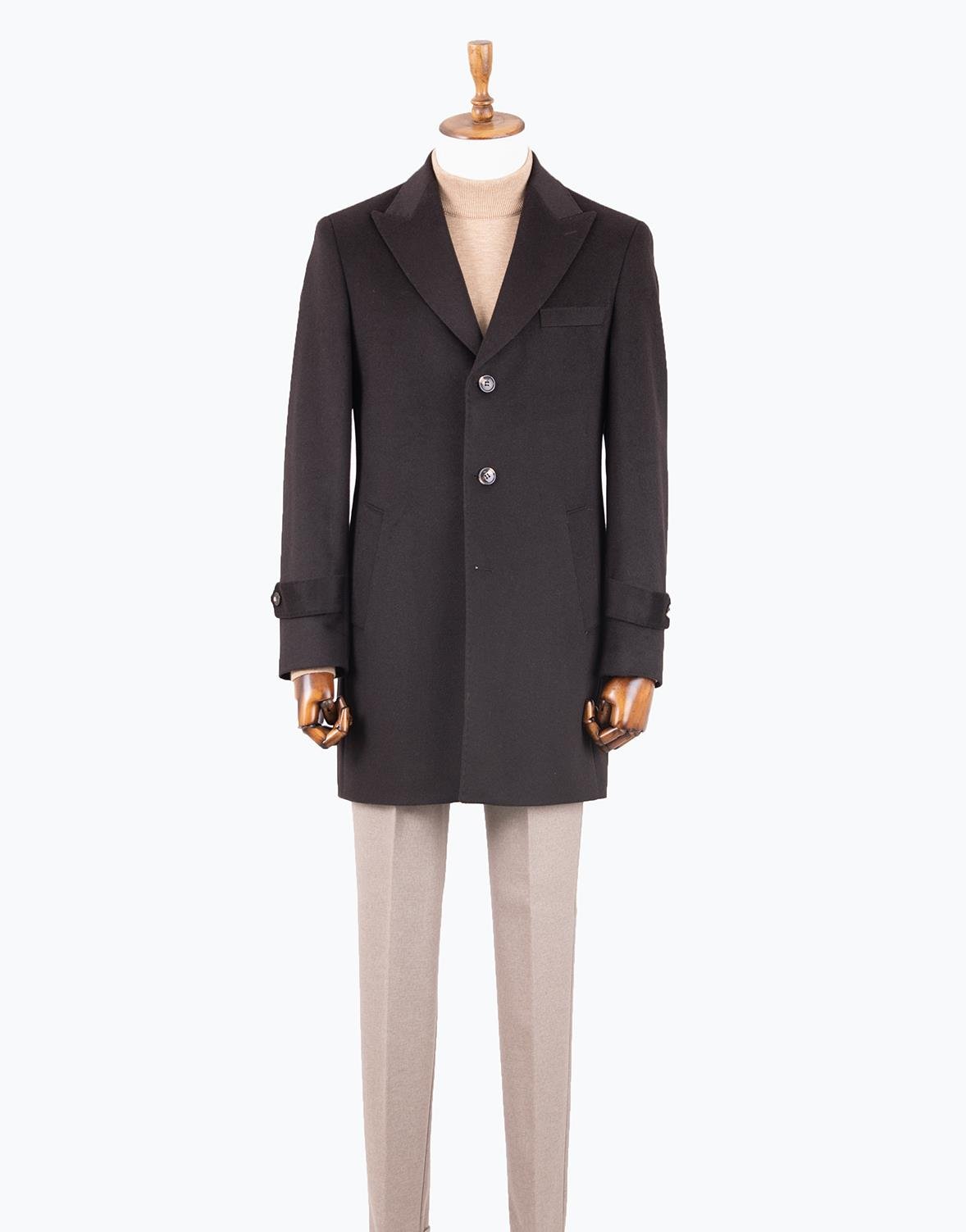 Erkek Kaban Klasik Sivri Yaka Modern Fit Yün Kahverengi