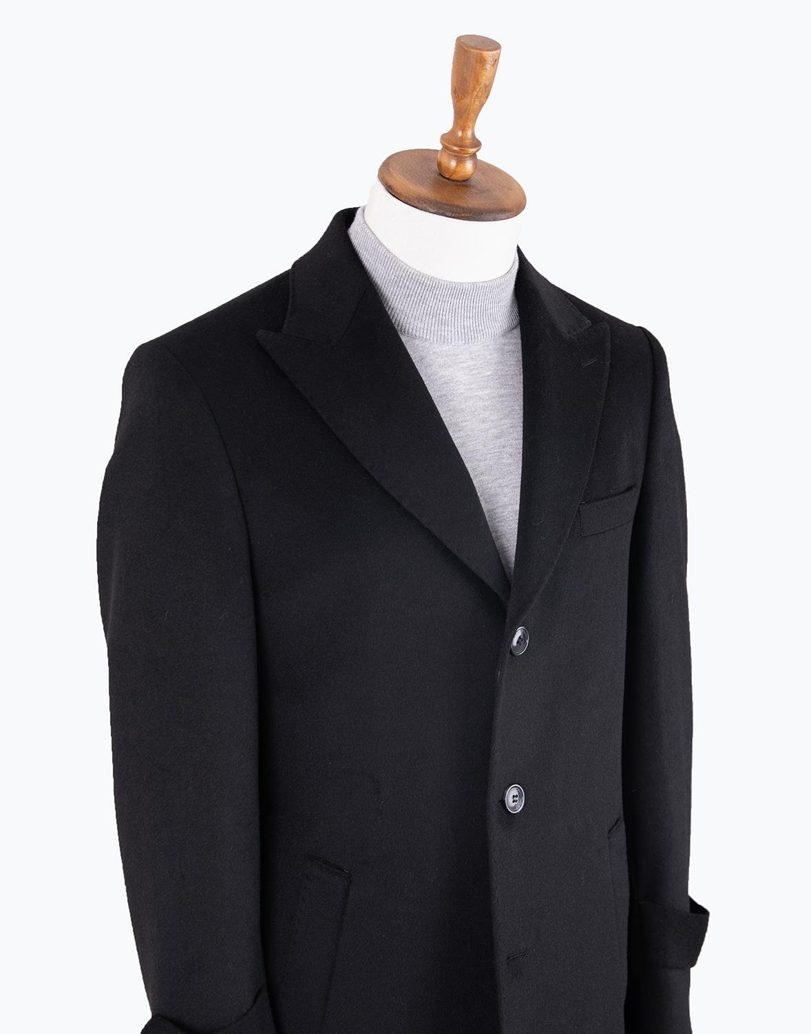 Erkek Kaban Klasik Sivri Yaka Modern Fit Yün Siyah