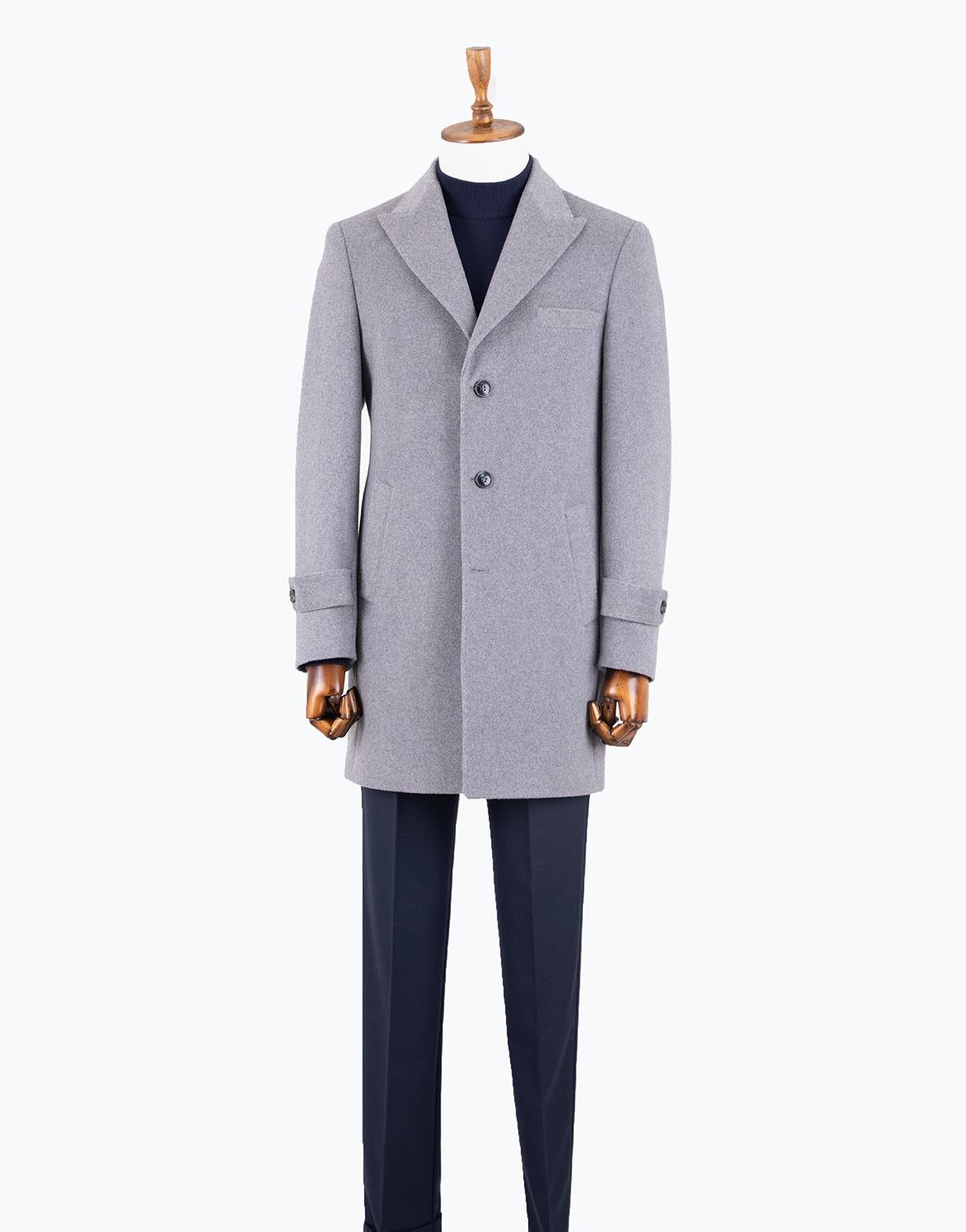 Erkek Kaban Klasik Sivri Yaka Modern Fit Yün Gri
