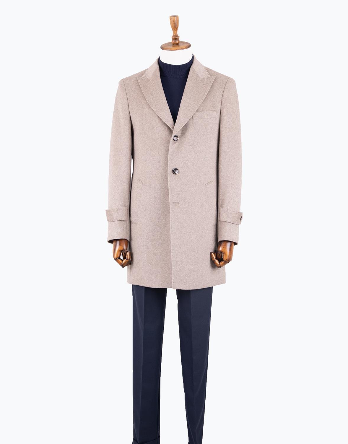 Erkek Kaban Klasik Sivri Yaka Modern Fit Yün Bej