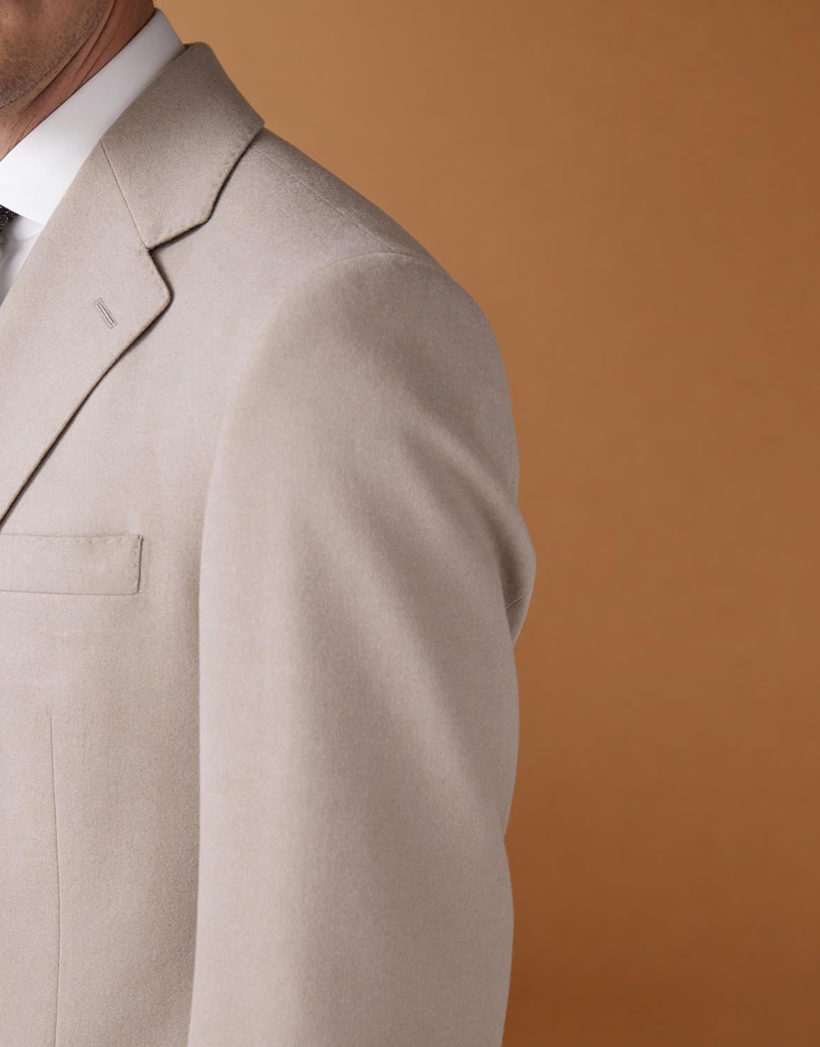 Erkek Klasik Takım Elbise Flanel Dokuma Mono Yaka Düz Comfort Fit Bej