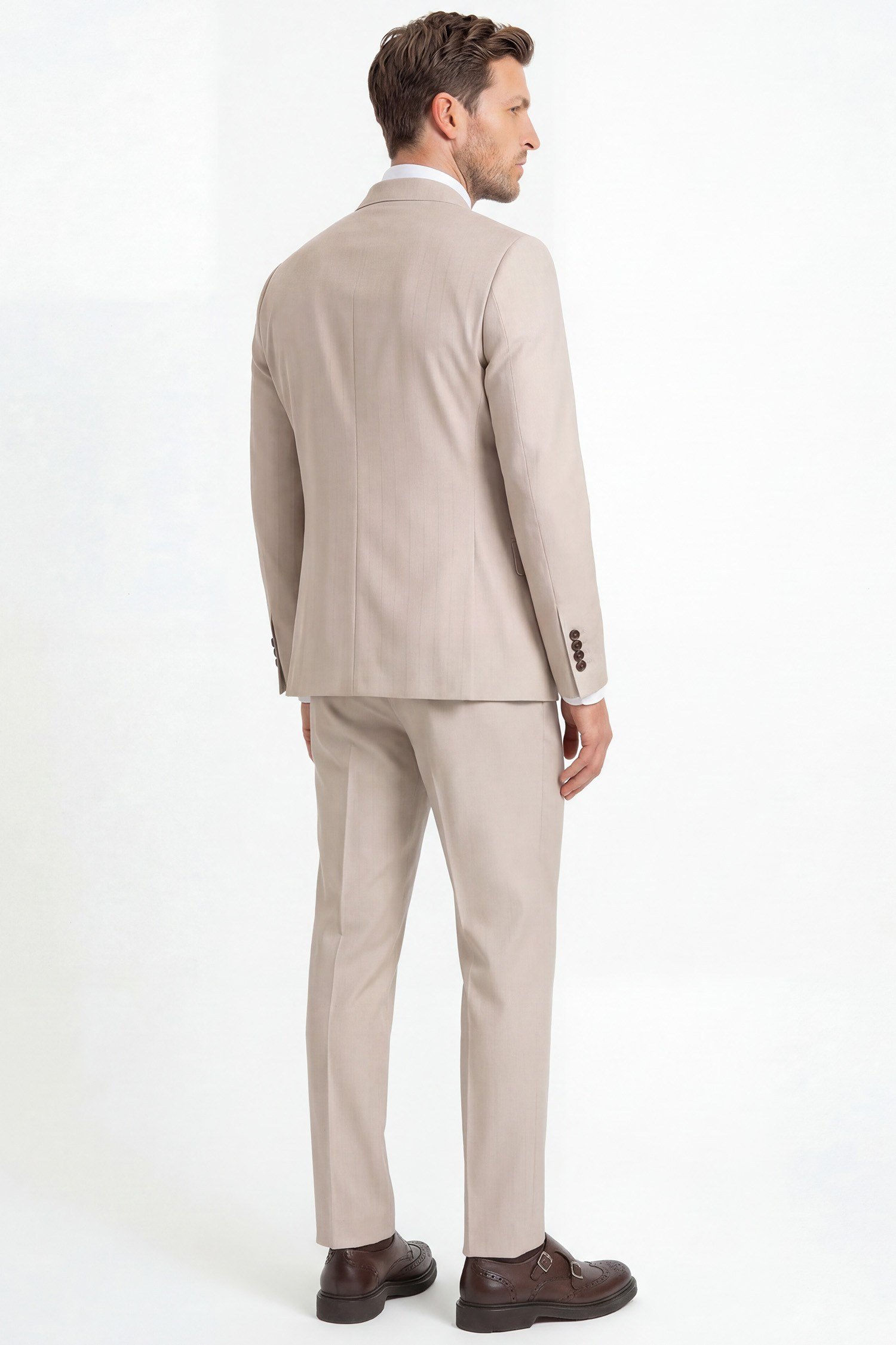 Erkek Klasik Takım Elbise Mono Yaka Kendinden Desenli Modern Fit Bej