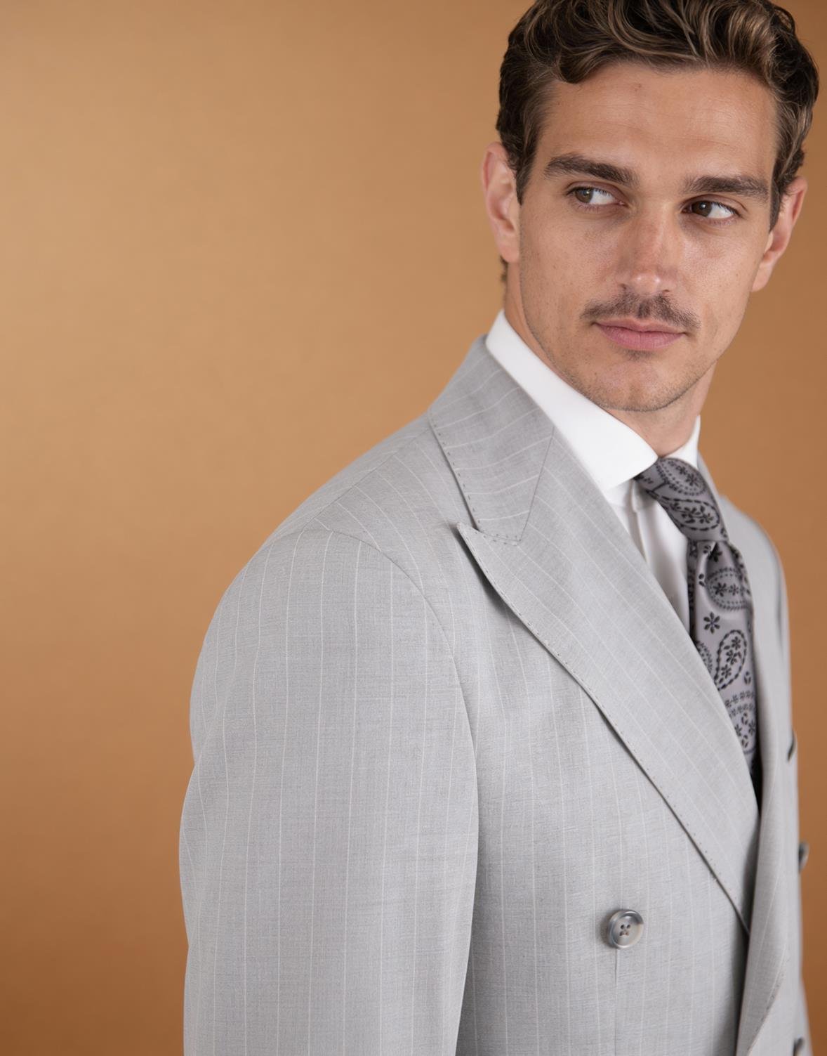 Erkek Kruvaze Takım Elbise Çizgili Kırlangıç Yaka  Modern Fit A.Gri