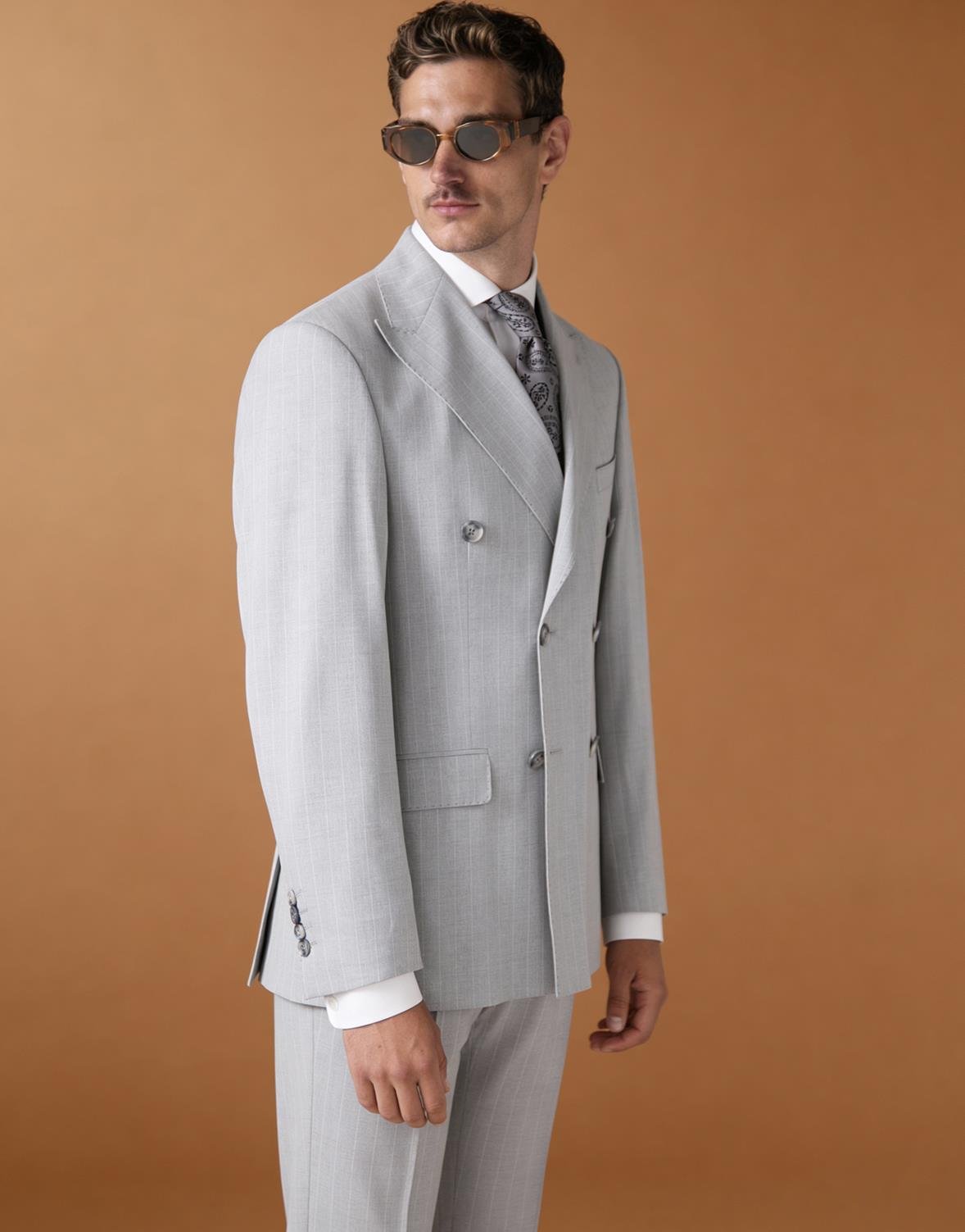 Erkek Kruvaze Takım Elbise Çizgili Kırlangıç Yaka  Modern Fit A.Gri