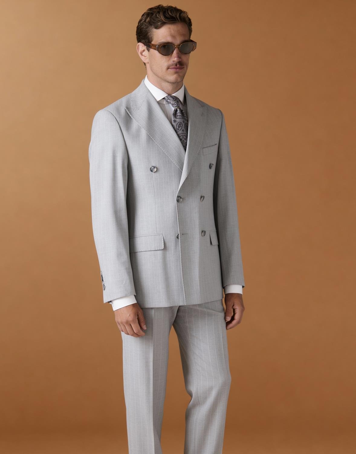 Erkek Kruvaze Takım Elbise Çizgili Kırlangıç Yaka  Modern Fit A.Gri