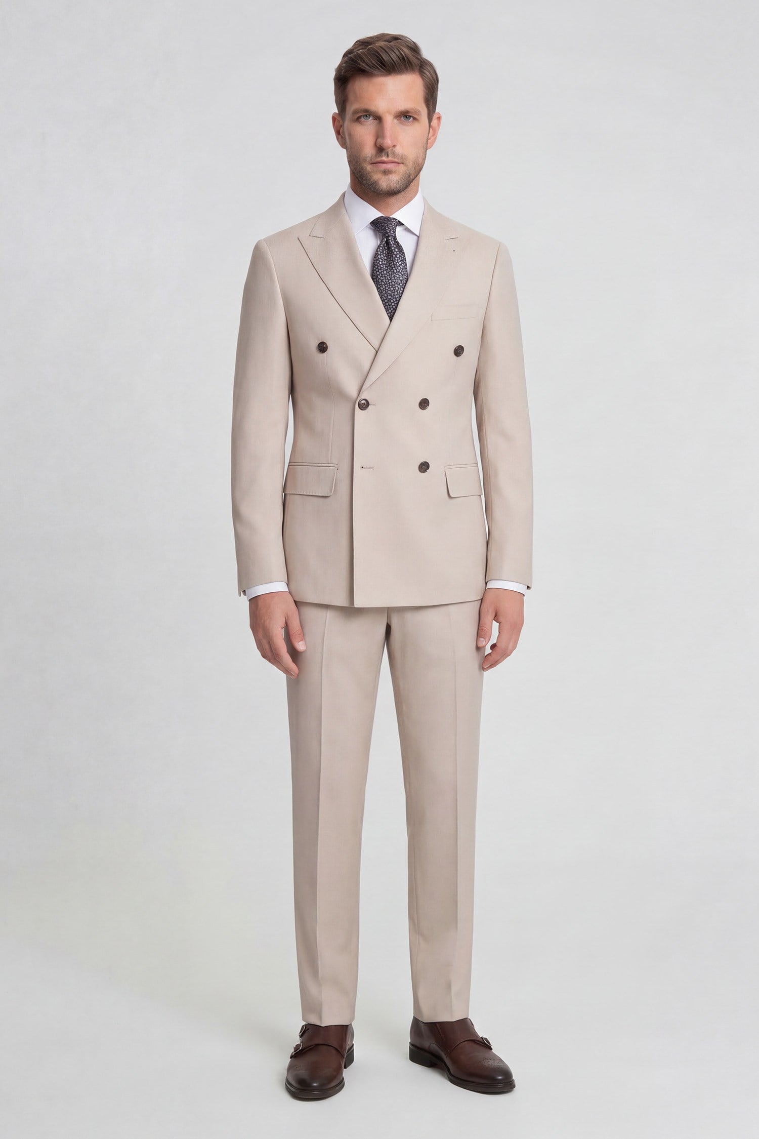 Erkek Kruvaze Takım Elbise Kendinden Desenli Modern Fit Bej