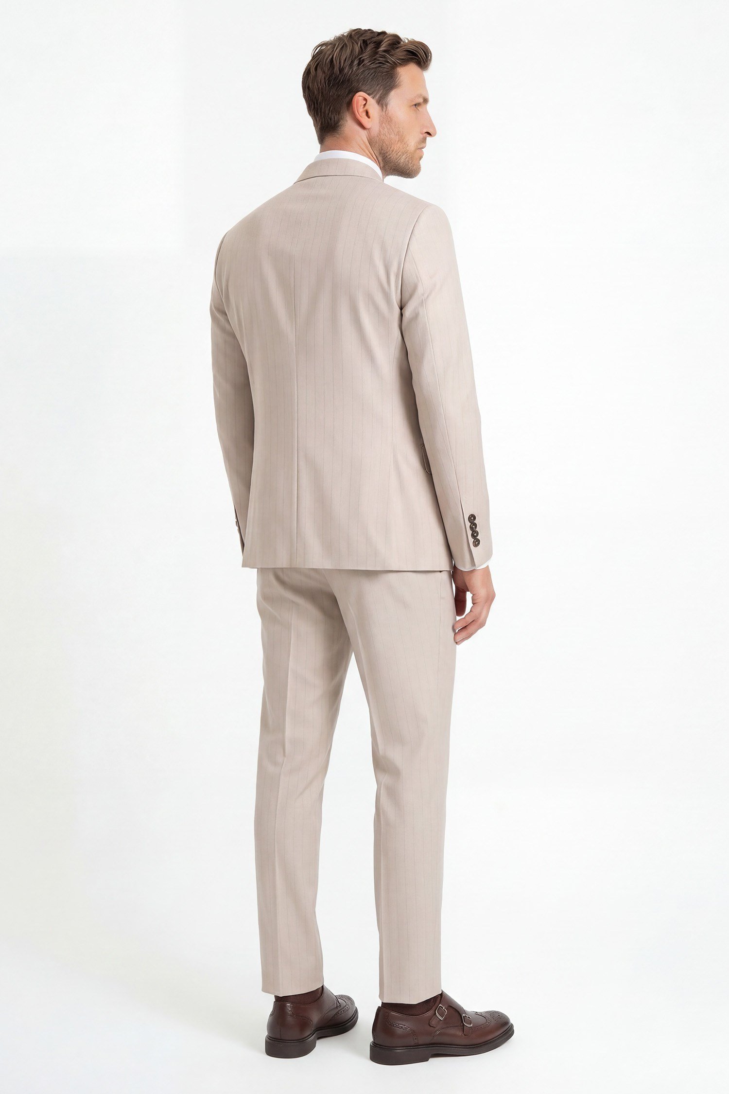 Erkek Kruvaze Takım Elbise Kendinden Desenli Modern Fit Bej