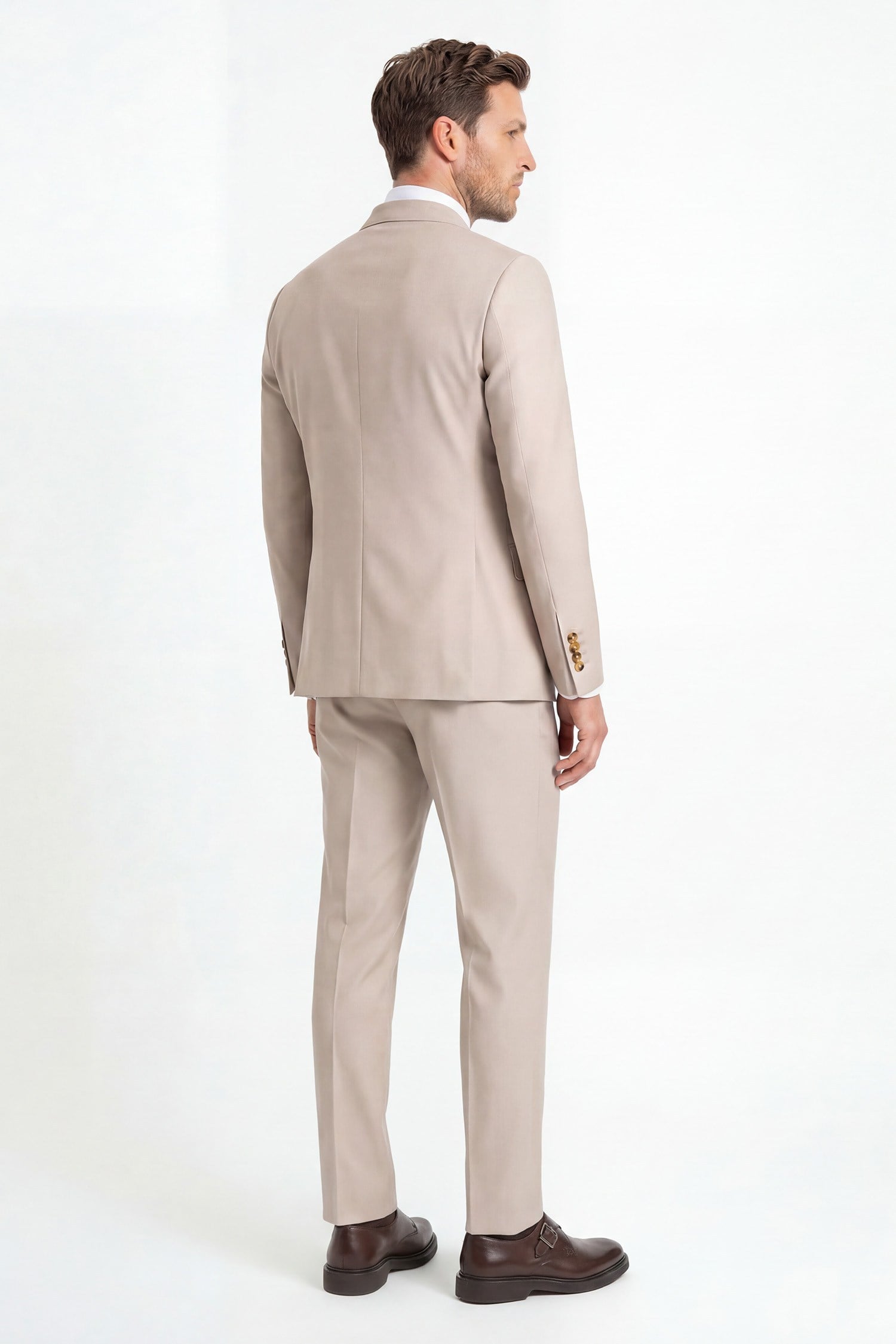 Erkek Kruvaze Takım Elbise Sivri Yaka  Modern Fit Basic Bej
