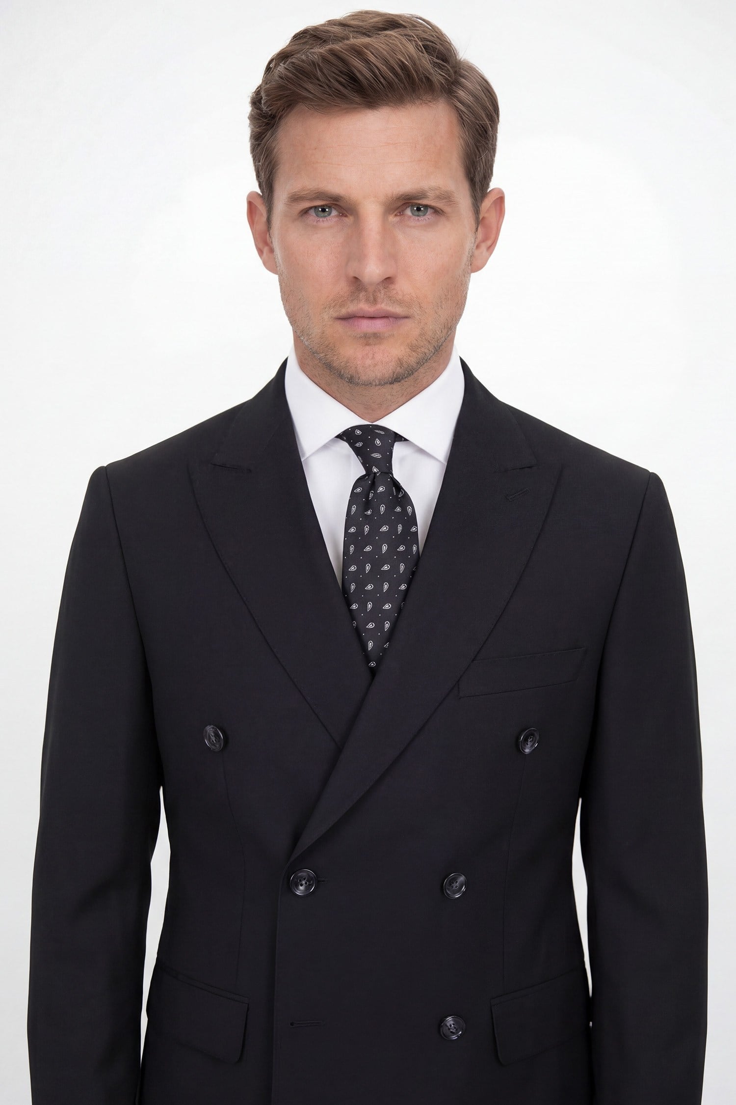 Erkek Kruvaze Takım Elbise Sivri Yaka  Modern Fit Basic Siyah