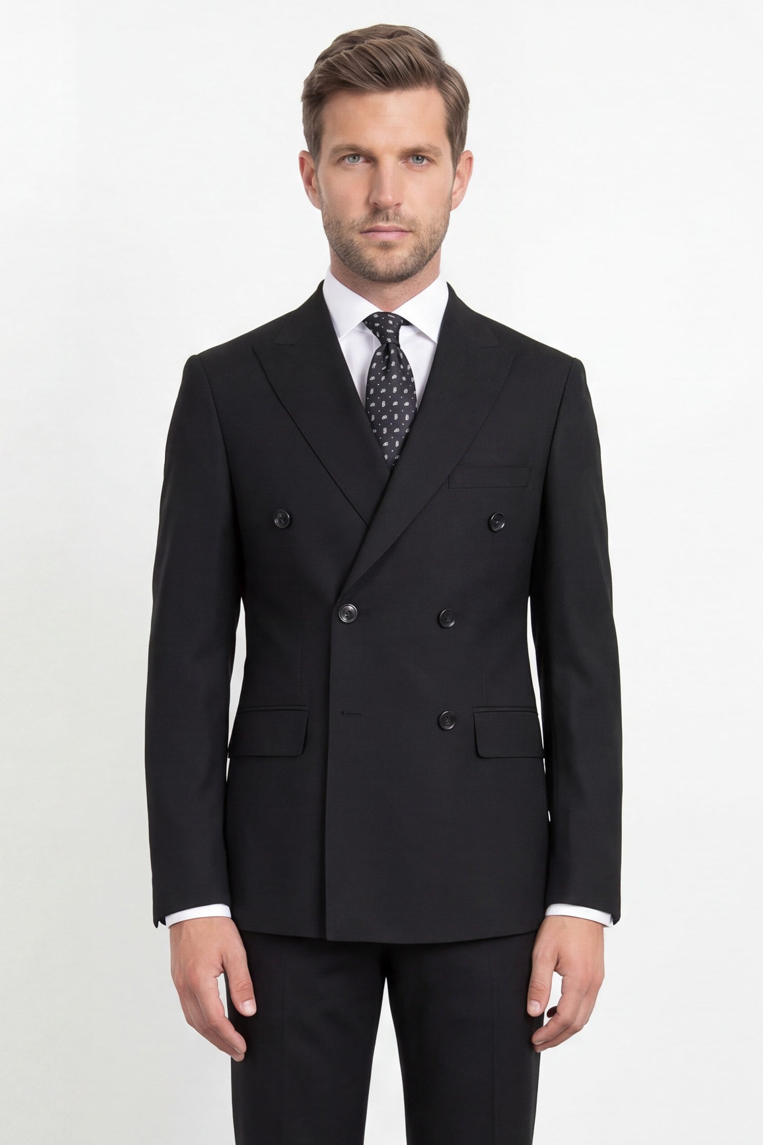 Erkek Kruvaze Takım Elbise Sivri Yaka  Modern Fit Basic Siyah