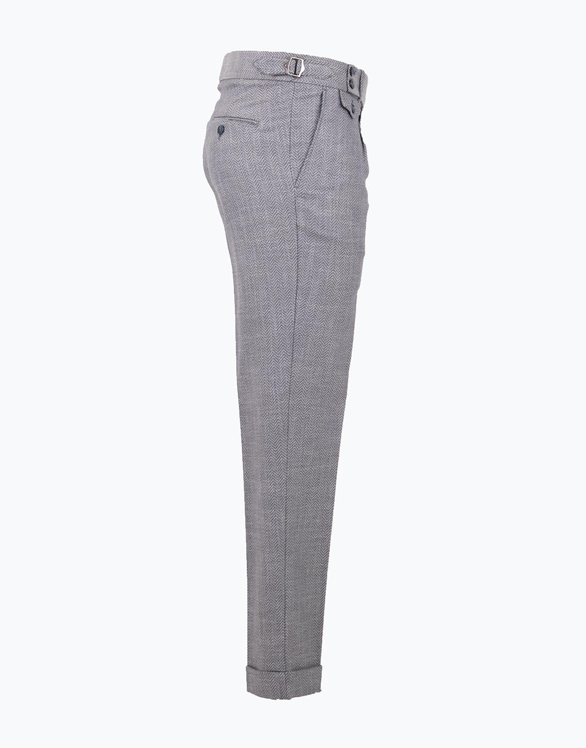 Erkek Pileli Pantolon Balıksırtı Desenli Mevsimlik Modern Fit Tokalı Gri