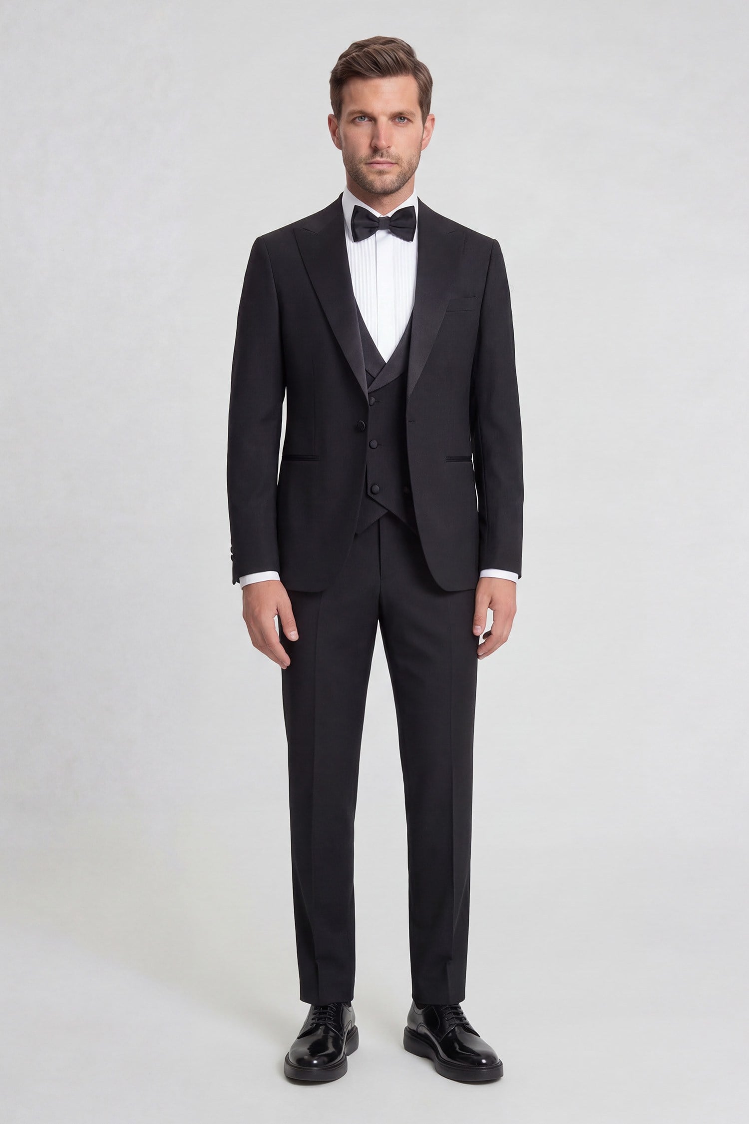 Erkek Smokin Damatlık Kırlangıç Yaka Fleto Cep Yelekli Modern Fit Siyah