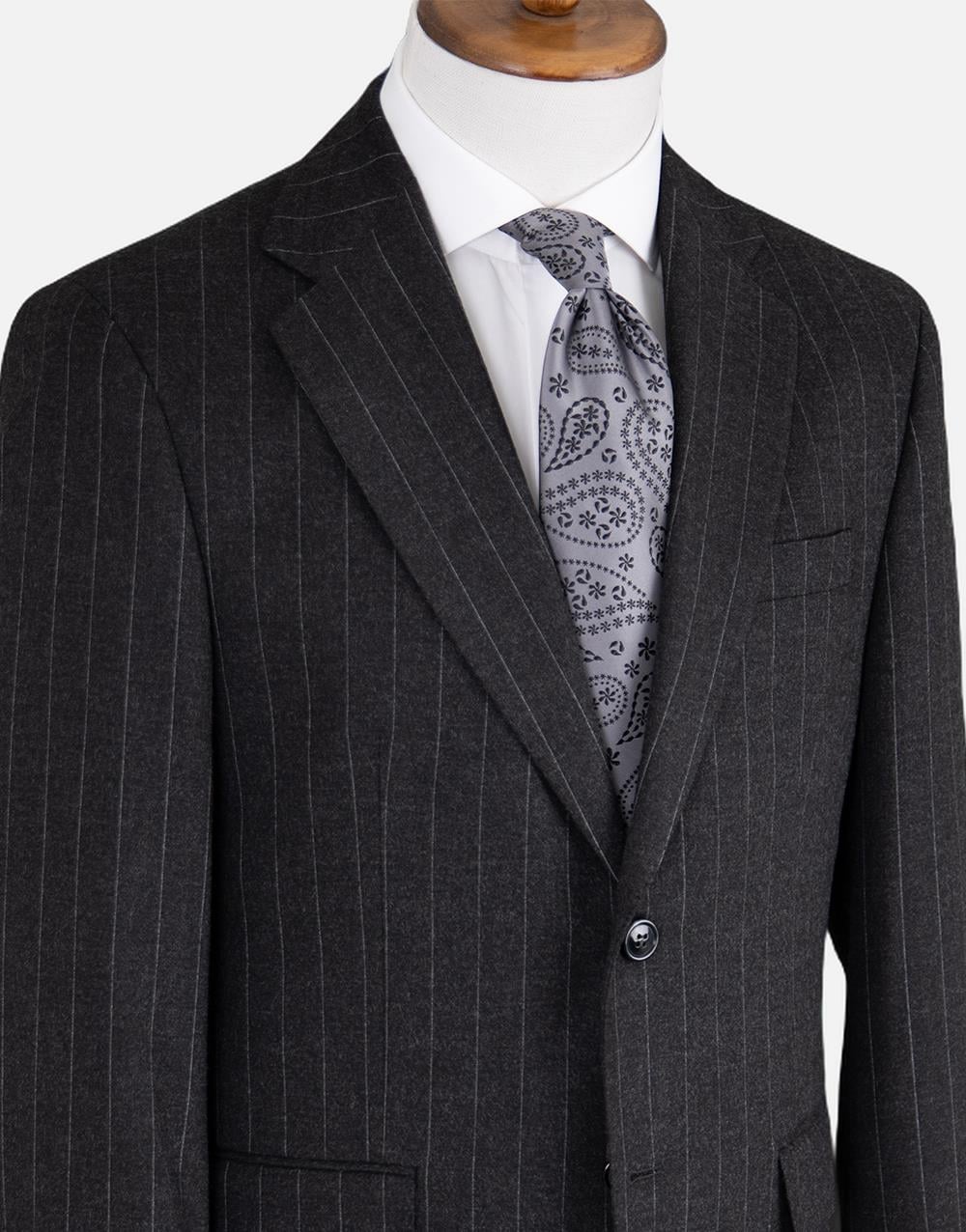 Erkek Soft Çizgili Flanel Mono Yaka Klasik Takım Elbise Comfort Fit Siyah
