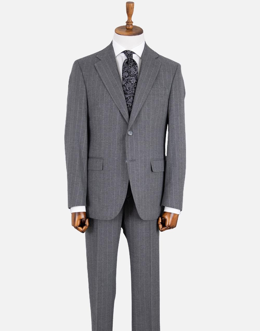 Erkek Soft Çizgili Flanel Mono Yaka Klasik Takım Elbise Comfort Fit Gri