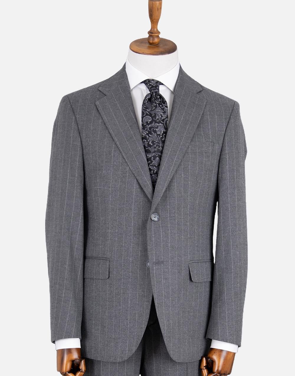 Erkek Soft Çizgili Flanel Mono Yaka Klasik Takım Elbise Comfort Fit Gri