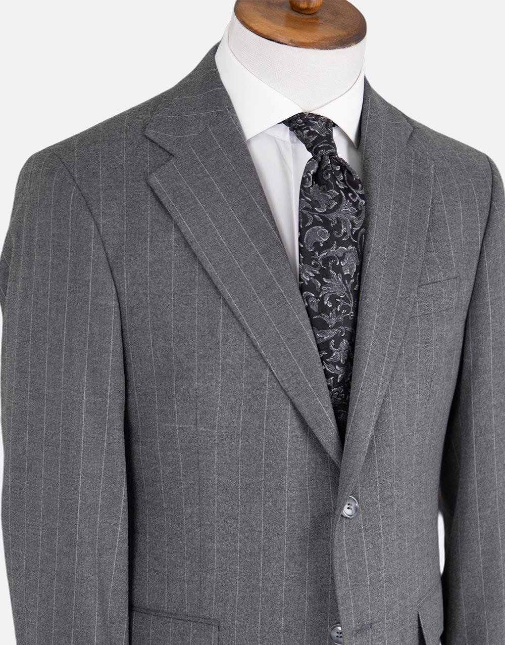 Erkek Soft Çizgili Flanel Mono Yaka Klasik Takım Elbise Comfort Fit Gri