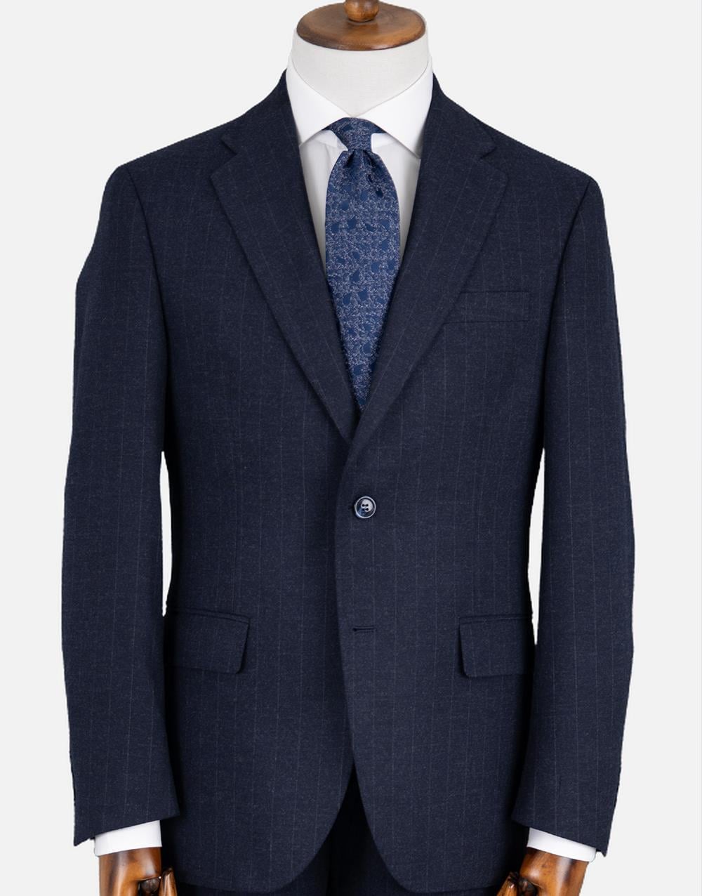 Erkek Soft Çizgili Flanel Mono Yaka Klasik Takım Elbise Comfort Fit Lacivert