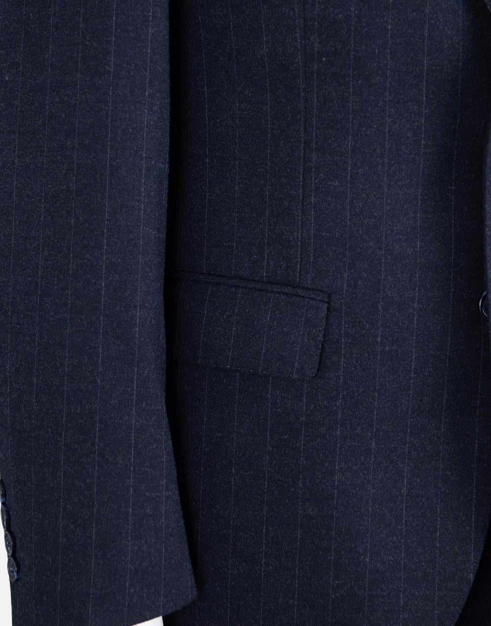 Erkek Soft Çizgili Flanel Mono Yaka Klasik Takım Elbise Comfort Fit Lacivert