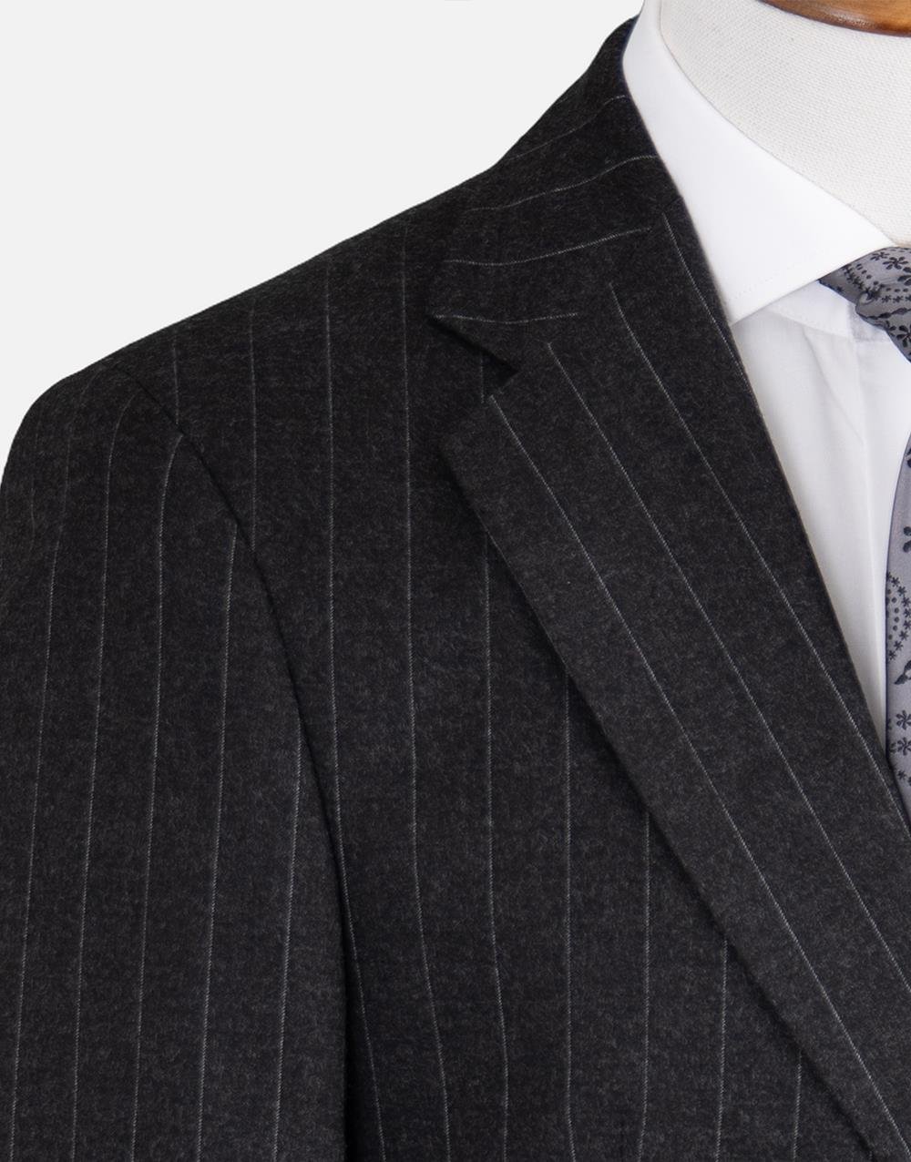 Erkek Soft Çizgili Flanel Mono Yaka Klasik Takım Elbise Comfort Fit Siyah