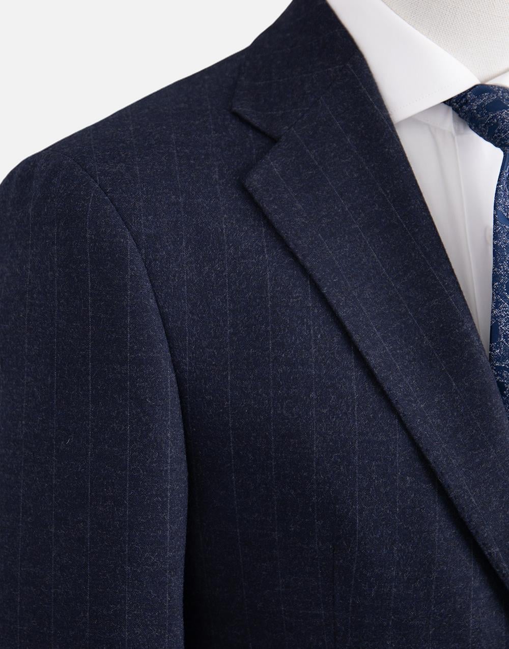 Erkek Soft Çizgili Flanel Mono Yaka Klasik Takım Elbise Comfort Fit Lacivert