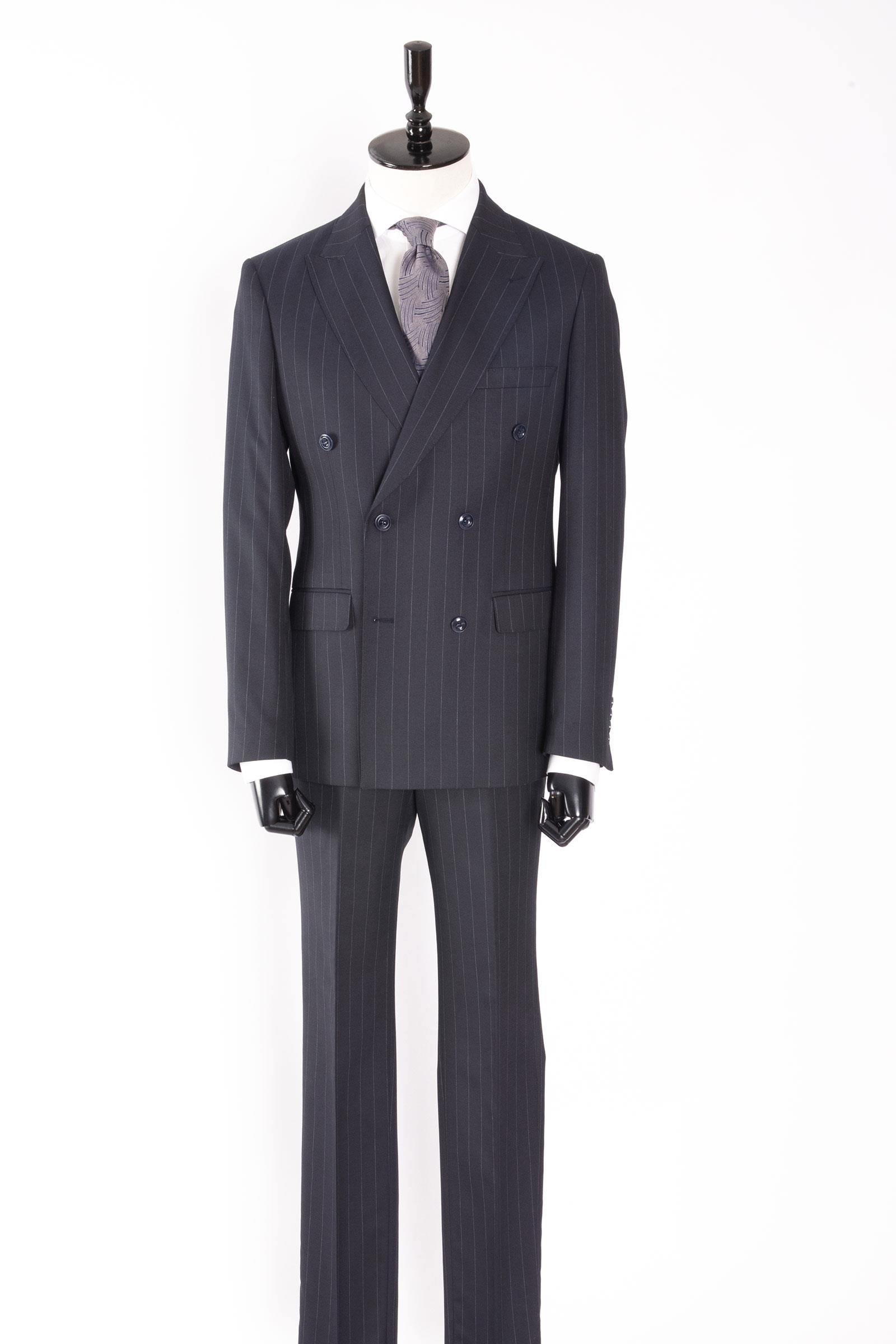 Erkek Soft Çizgili Kırlangıç Yaka Kruvaze Takım Elbise Modern Fit Lacivert