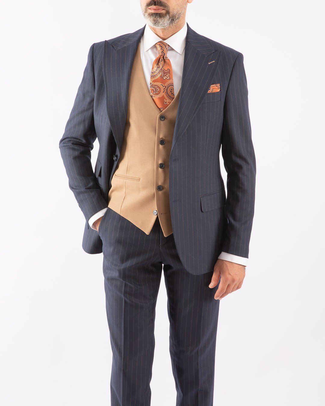 Erkek Yelekli Çizgili Kırlangıç Yaka Takım Elbise Modern Fit Lacivert