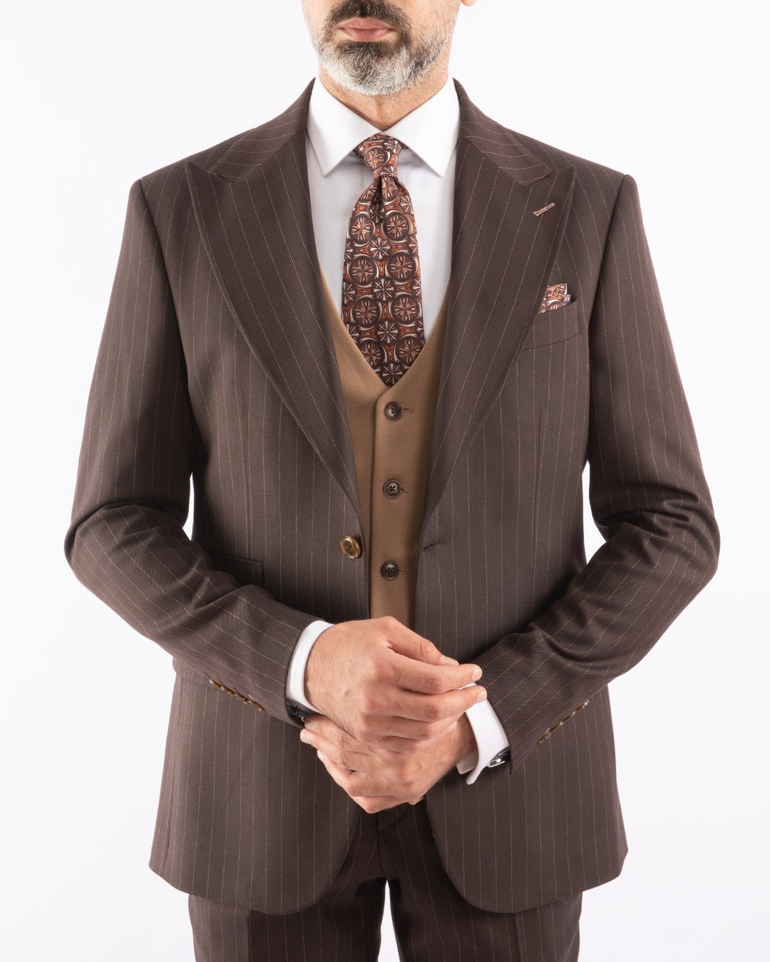 Erkek Yelekli Çizgili Kırlangıç Yaka Takım Elbise Modern Fit Kahverengi