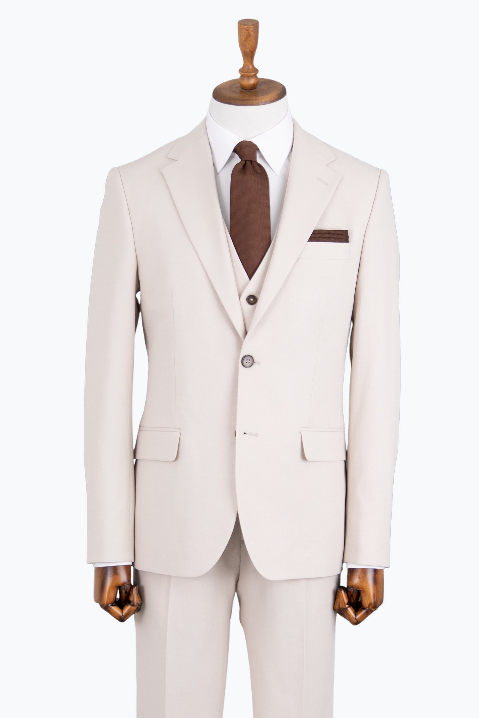Erkek Yelekli Mono Yaka Takım Elbise Modern Fit Bej