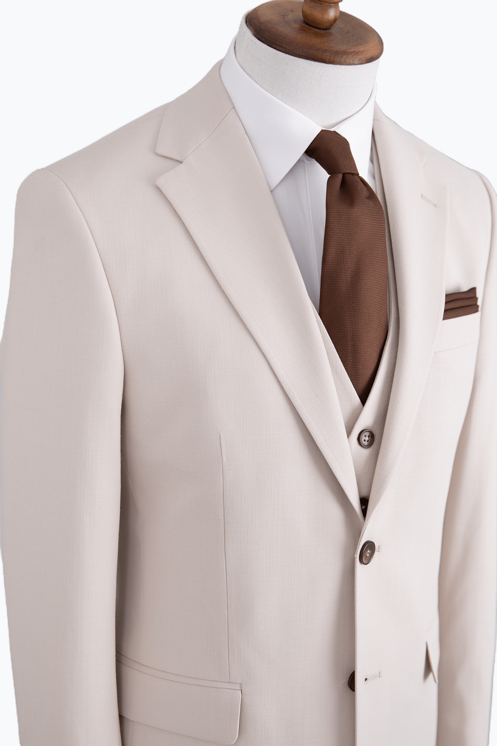 Erkek Yelekli Mono Yaka Takım Elbise Modern Fit Bej