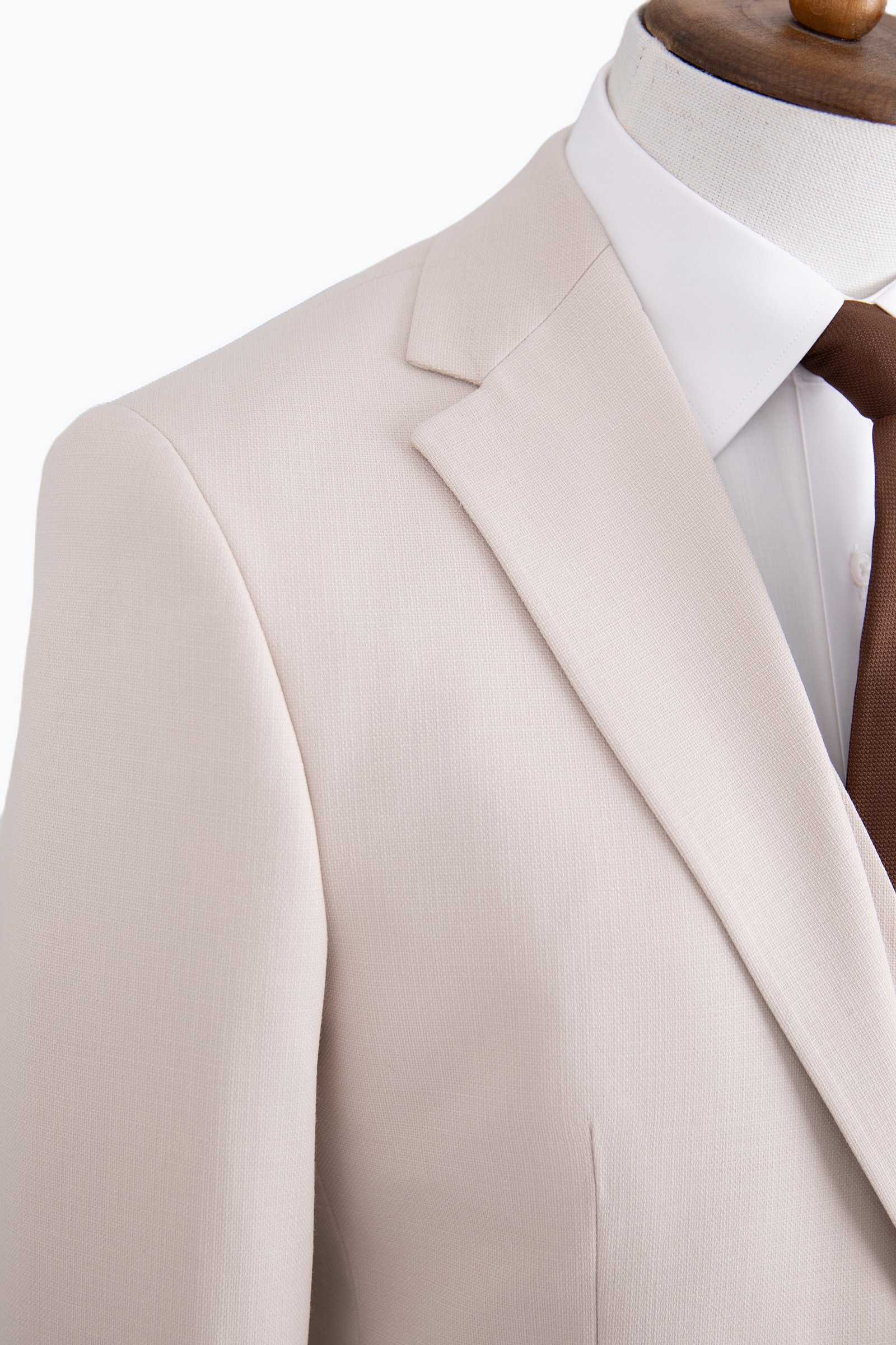 Erkek Yelekli Mono Yaka Takım Elbise Modern Fit Bej