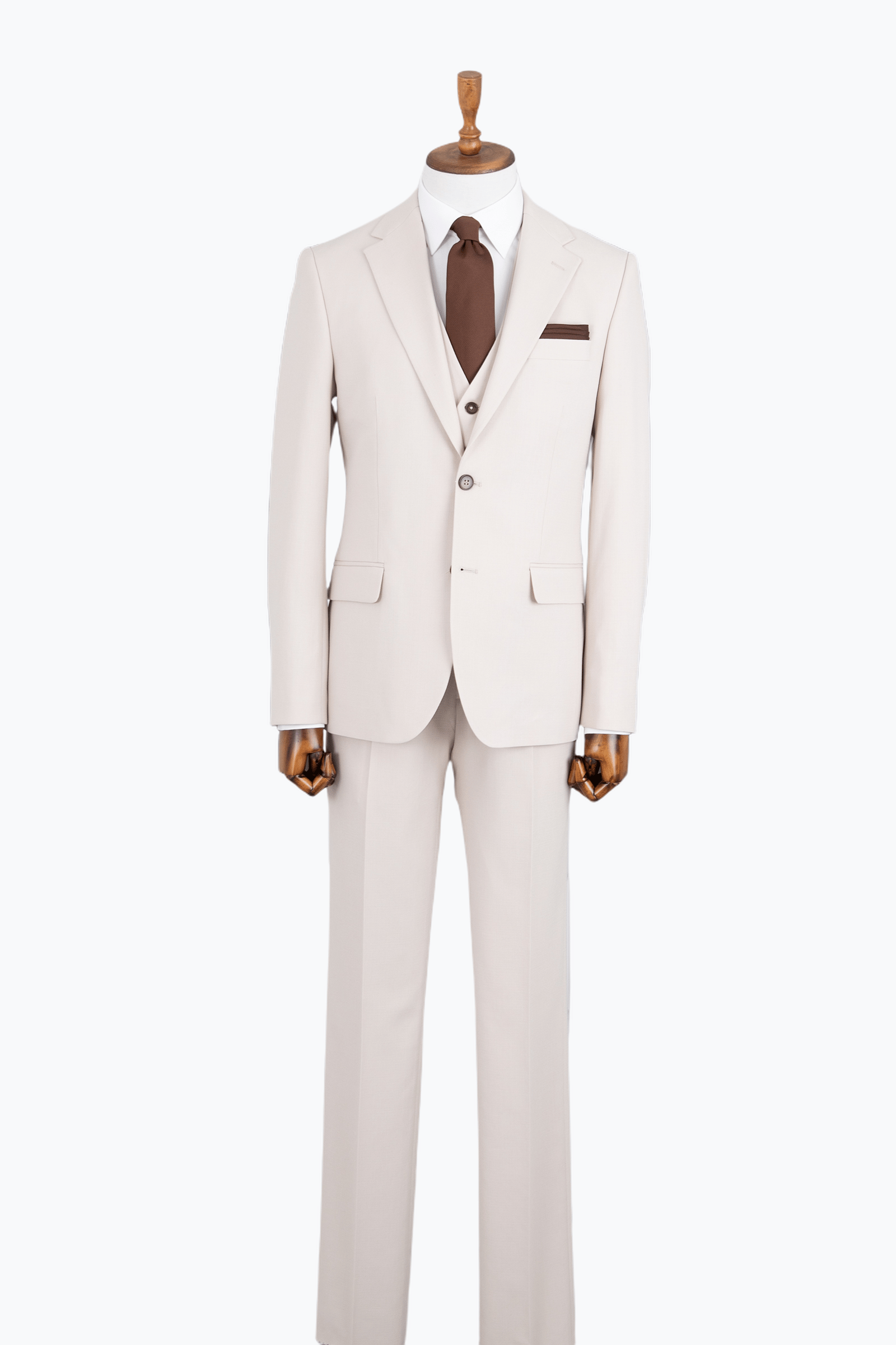Erkek Yelekli Mono Yaka Takım Elbise Modern Fit Bej