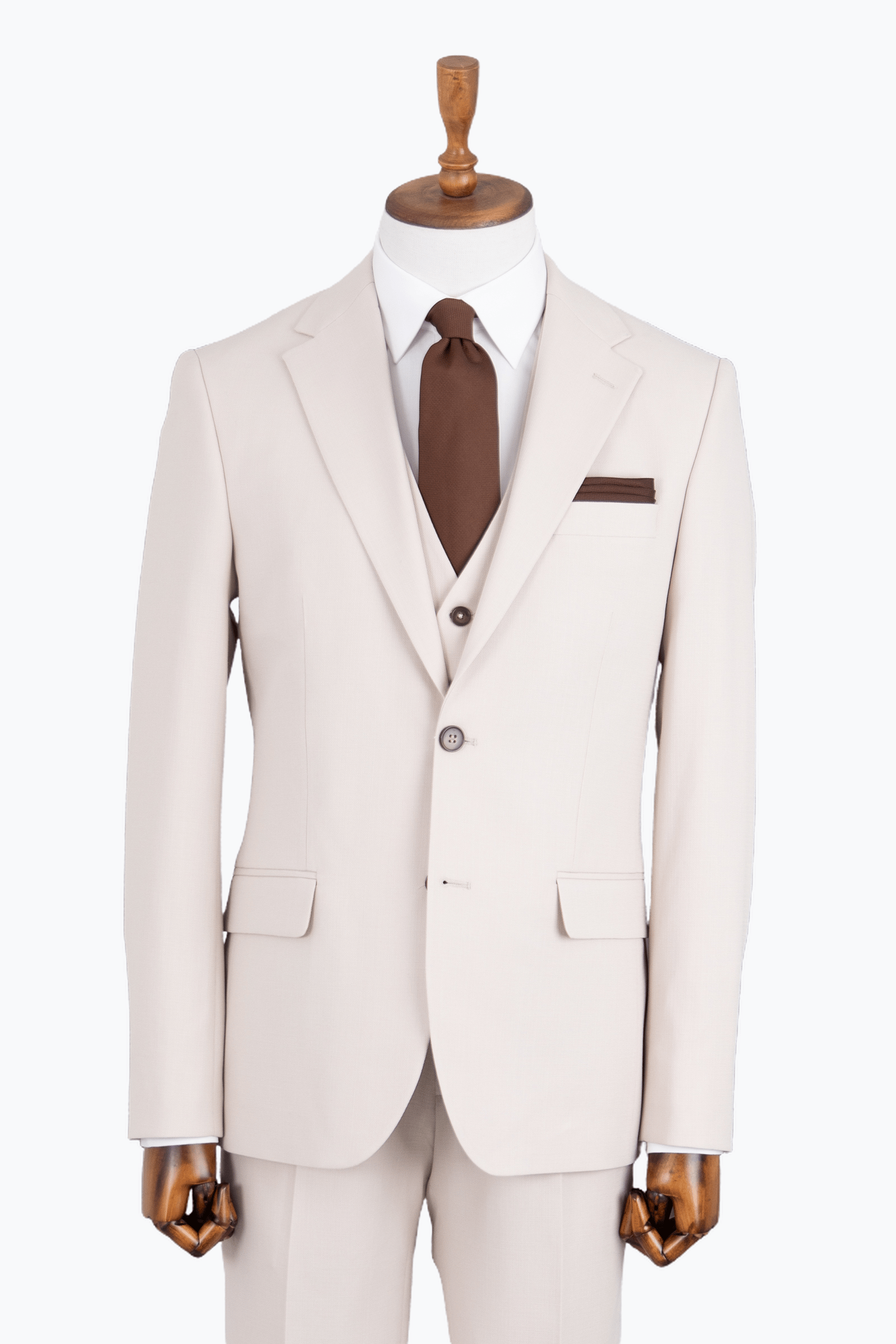 Erkek Yelekli Mono Yaka Takım Elbise Modern Fit Bej