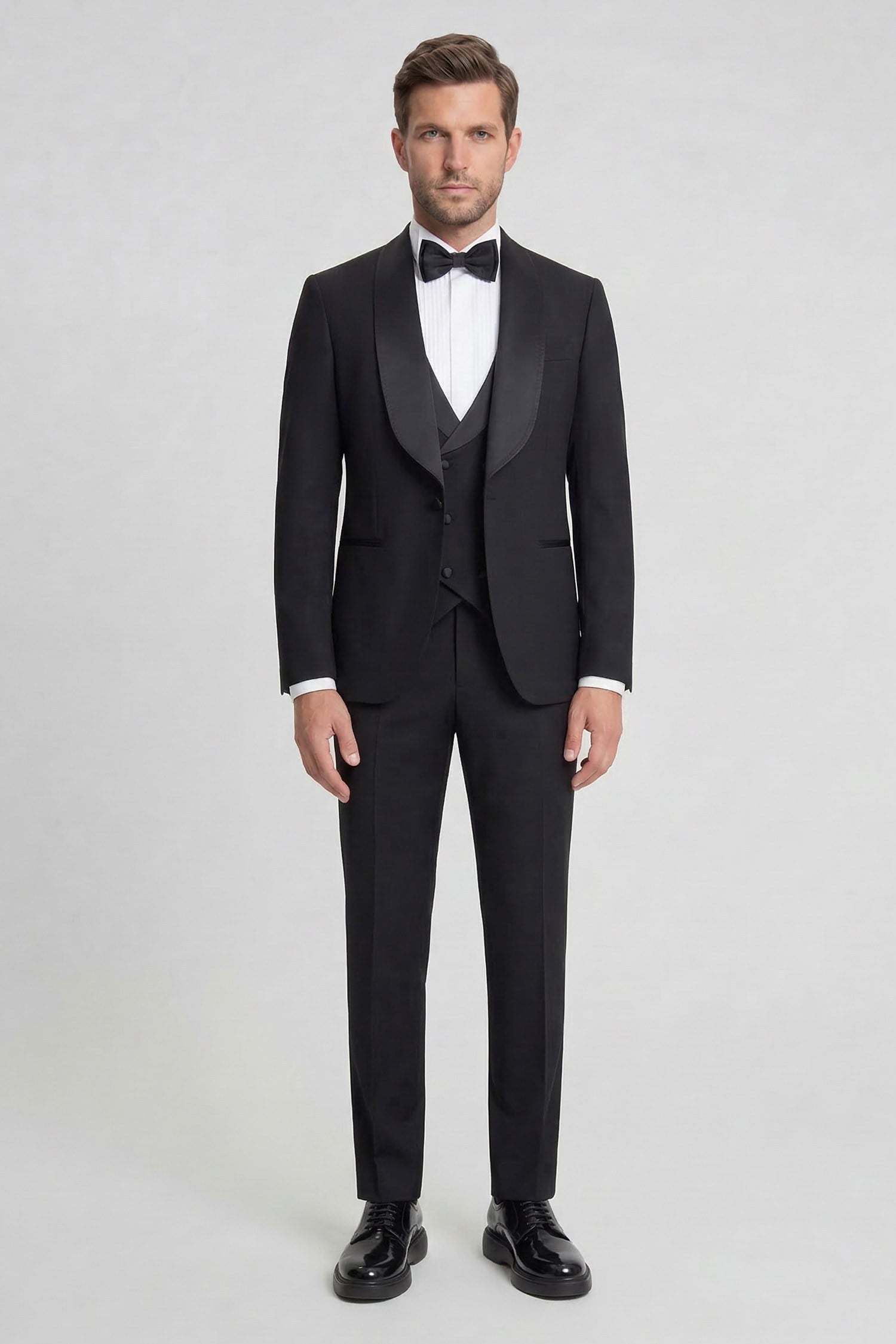 Erkek Yelekli Puntolu Şal Yaka Smokin Damatlık Slim Fit Siyah