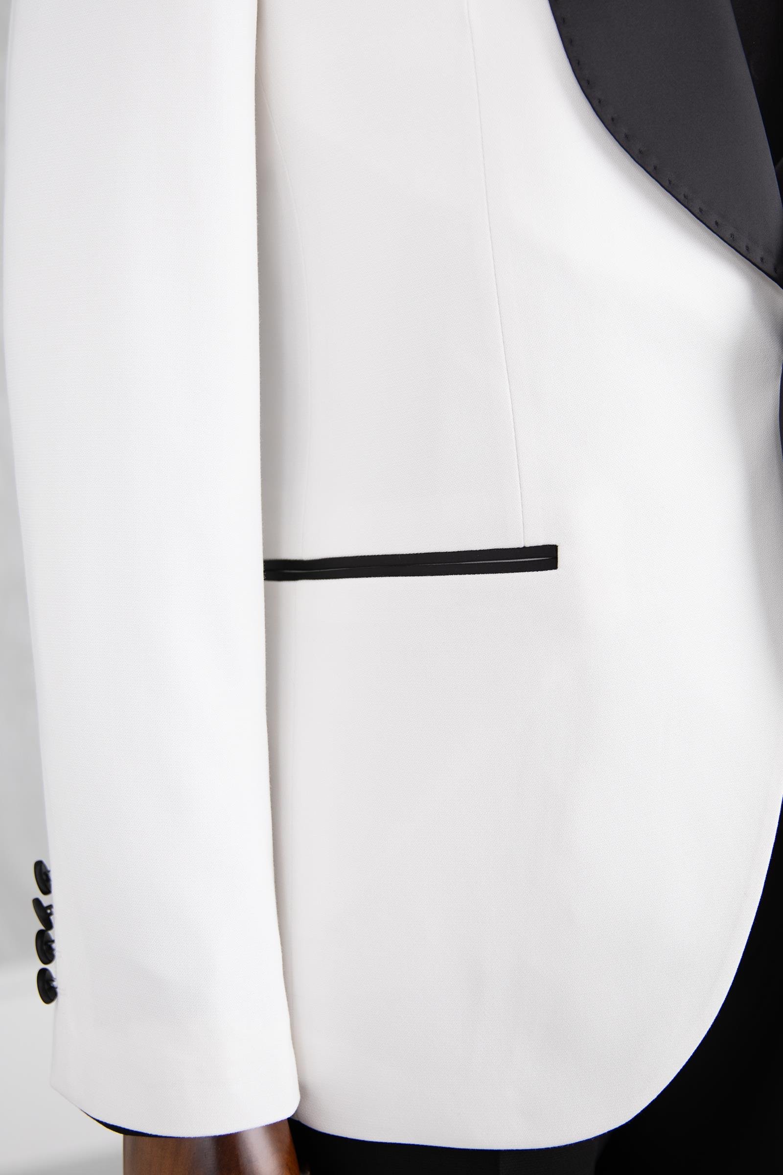 Erkek Yelekli Puntolu Şal Yaka Smokin Damatlık Slim Fit Beyaz