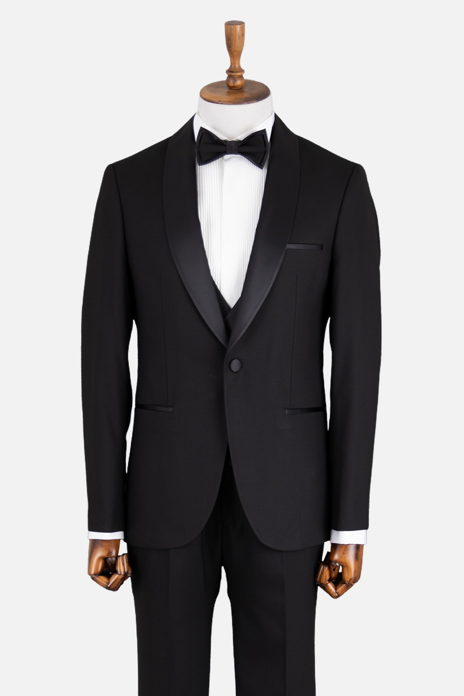 Erkek Yelekli Saten Şal Yaka Smokin Damatlık Slim Fit Siyah