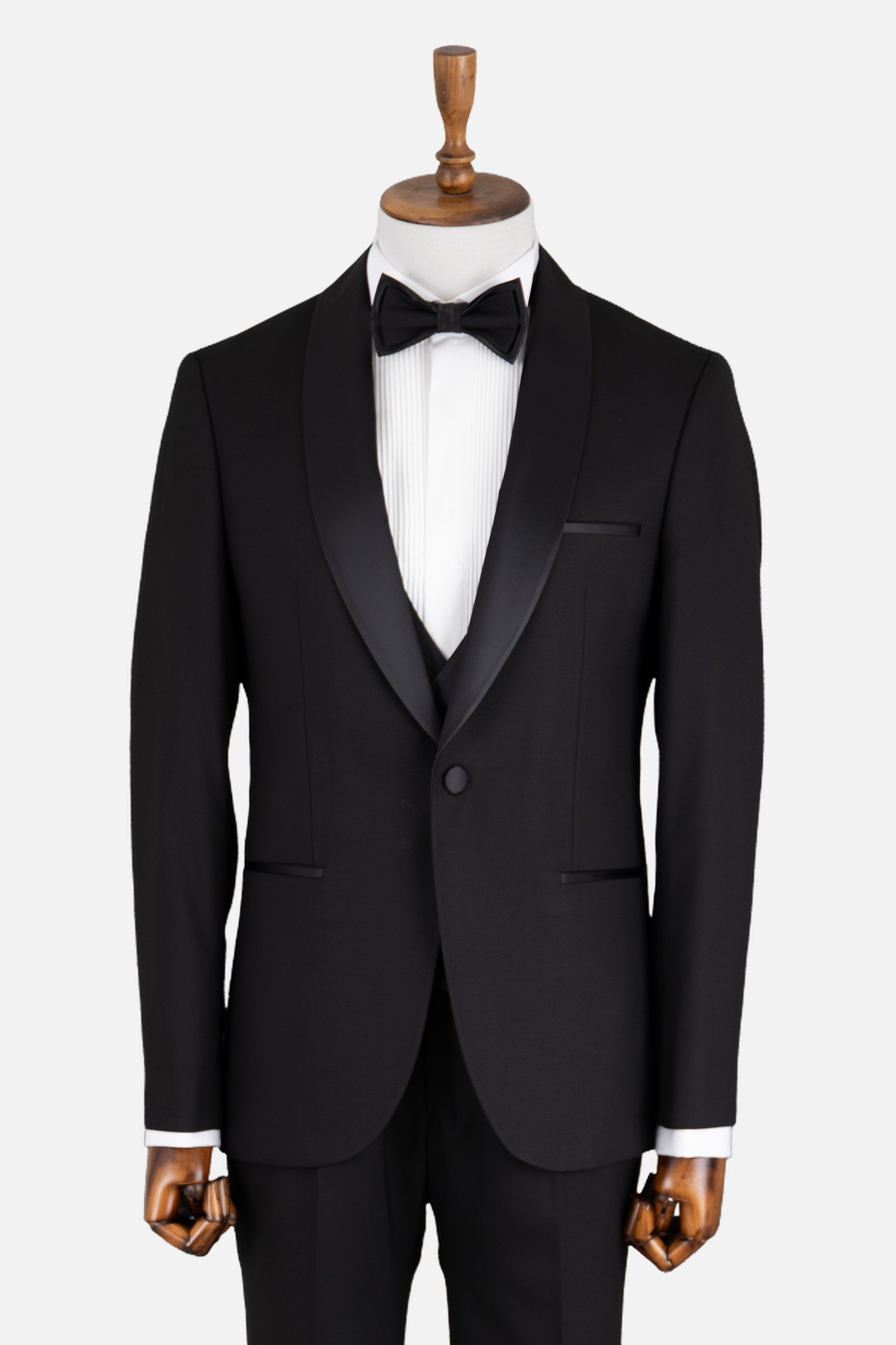Erkek Yelekli Saten Şal Yaka Smokin Damatlık Slim Fit Siyah