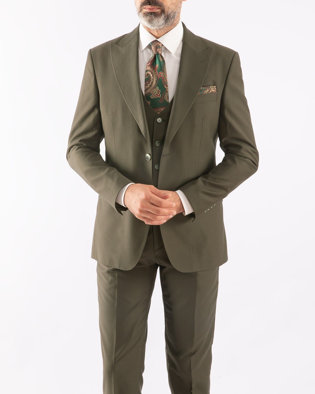 Erkek Yelekli Takım Elbise Sivri Yaka  Modern Fit Basic Haki