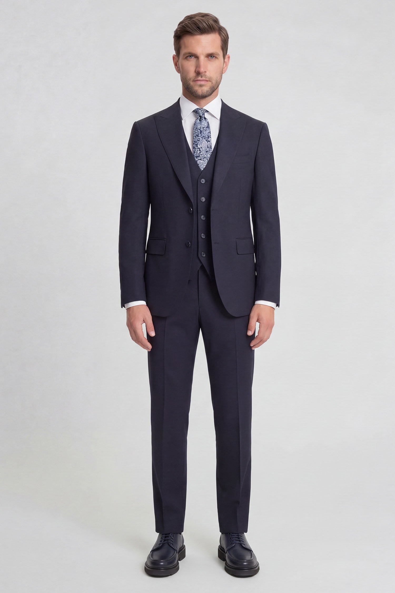 Erkek Yelekli Takım Elbise Sivri Yaka  Modern Fit Basic Lacivert