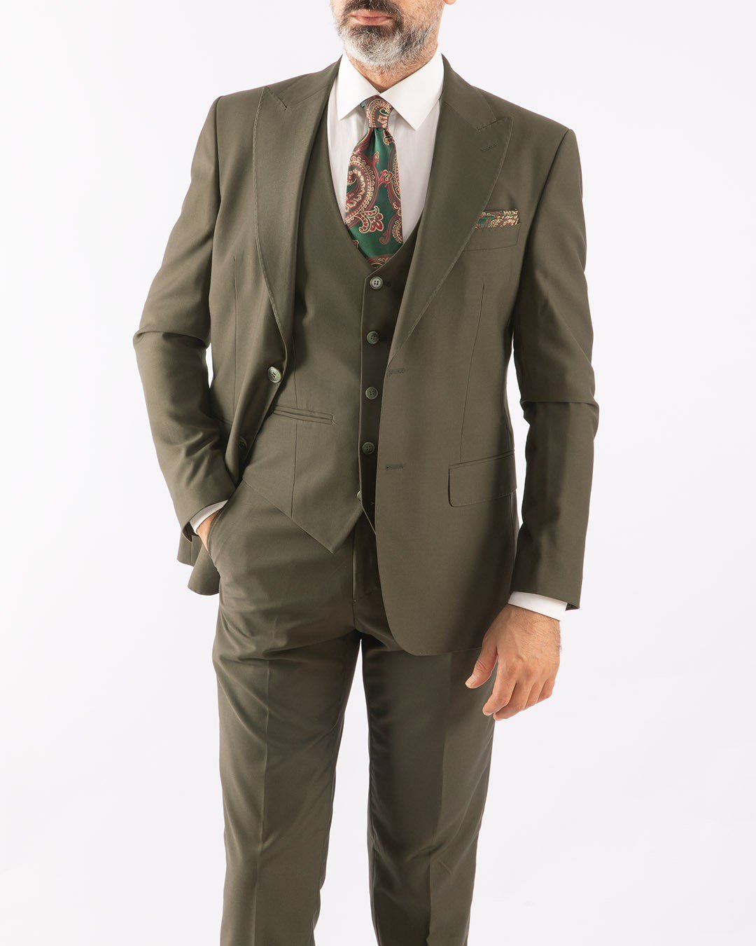 Erkek Yelekli Takım Elbise Sivri Yaka  Modern Fit Basic Haki