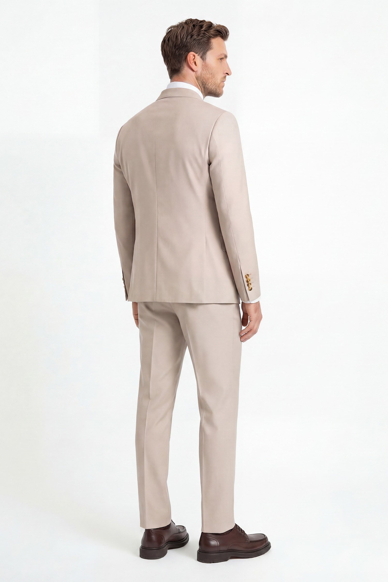 Erkek Yelekli Takım Elbise Sivri Yaka  Modern Fit Basic Bej