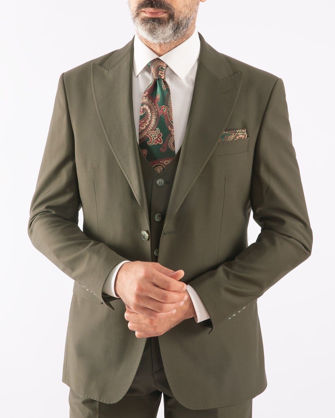 Erkek Yelekli Takım Elbise Sivri Yaka  Modern Fit Basic Haki