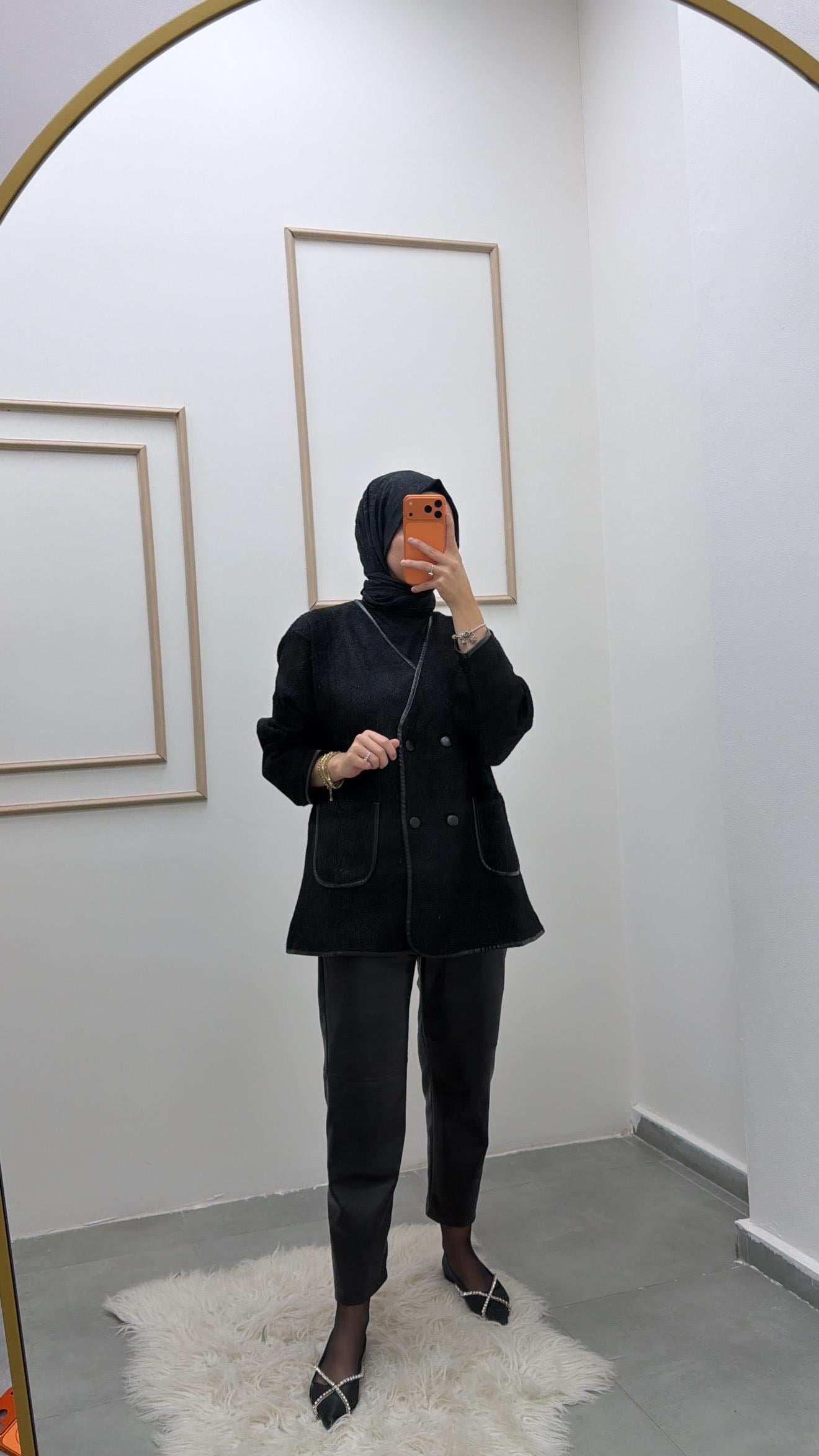 Angora Deri Detaylı Ceket Siyah